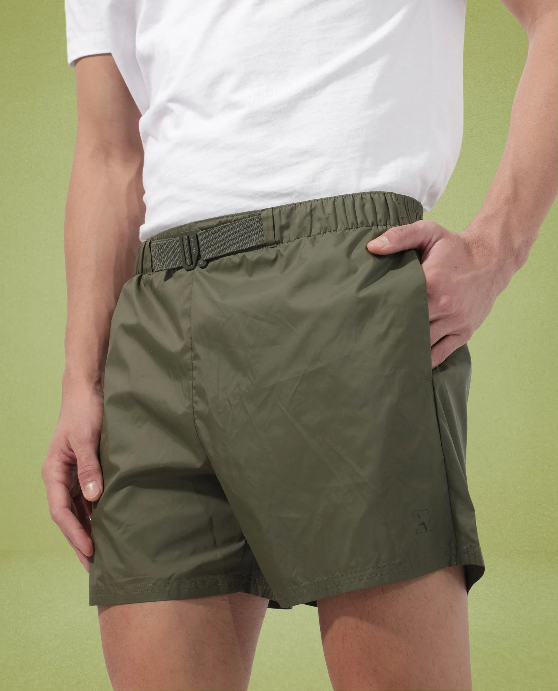 Rare Rabbit Men's Kort Green Polyester Fabric Buckle Fastening Regular Fit Solid Shorts - Image 4