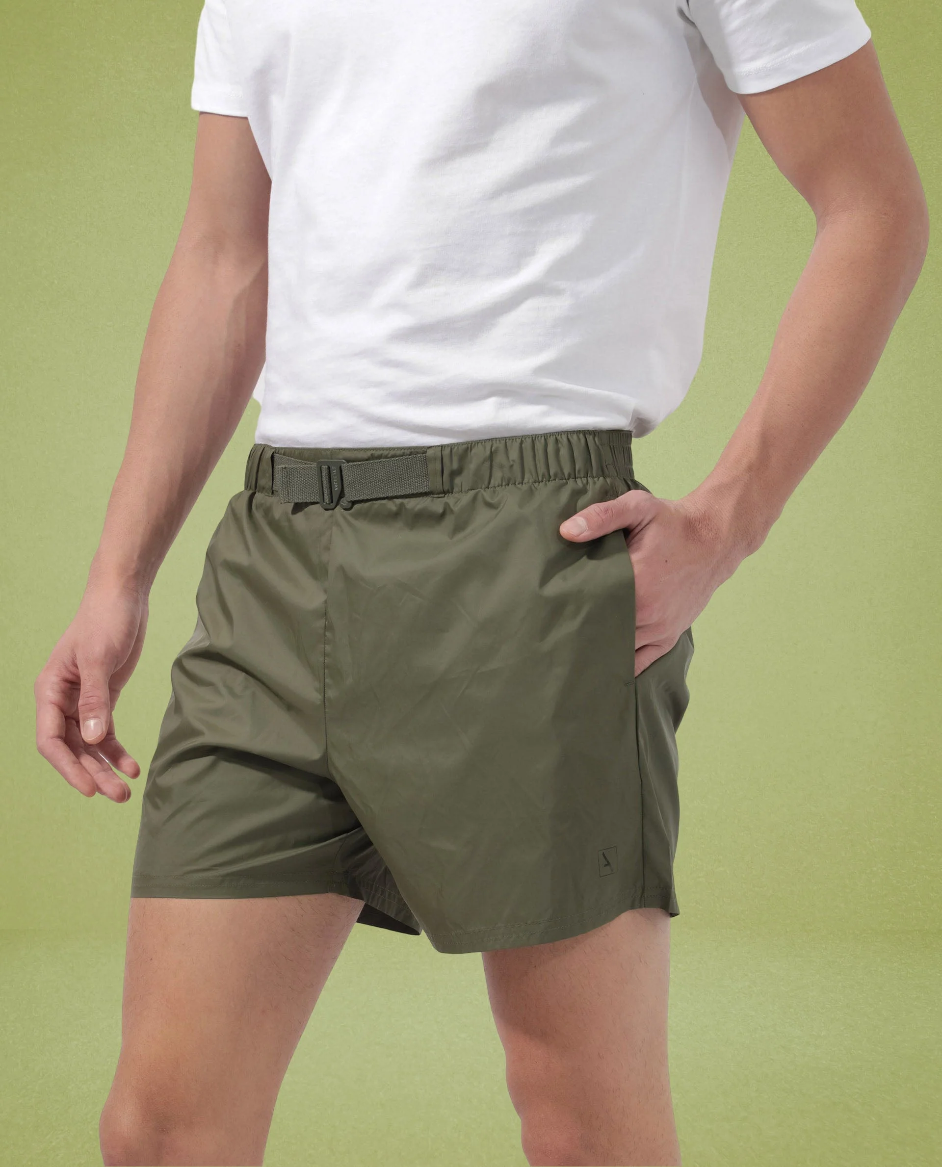 Rare Rabbit Men's Kort Green Polyester Fabric Buckle Fastening Regular Fit Solid Shorts - Image 5