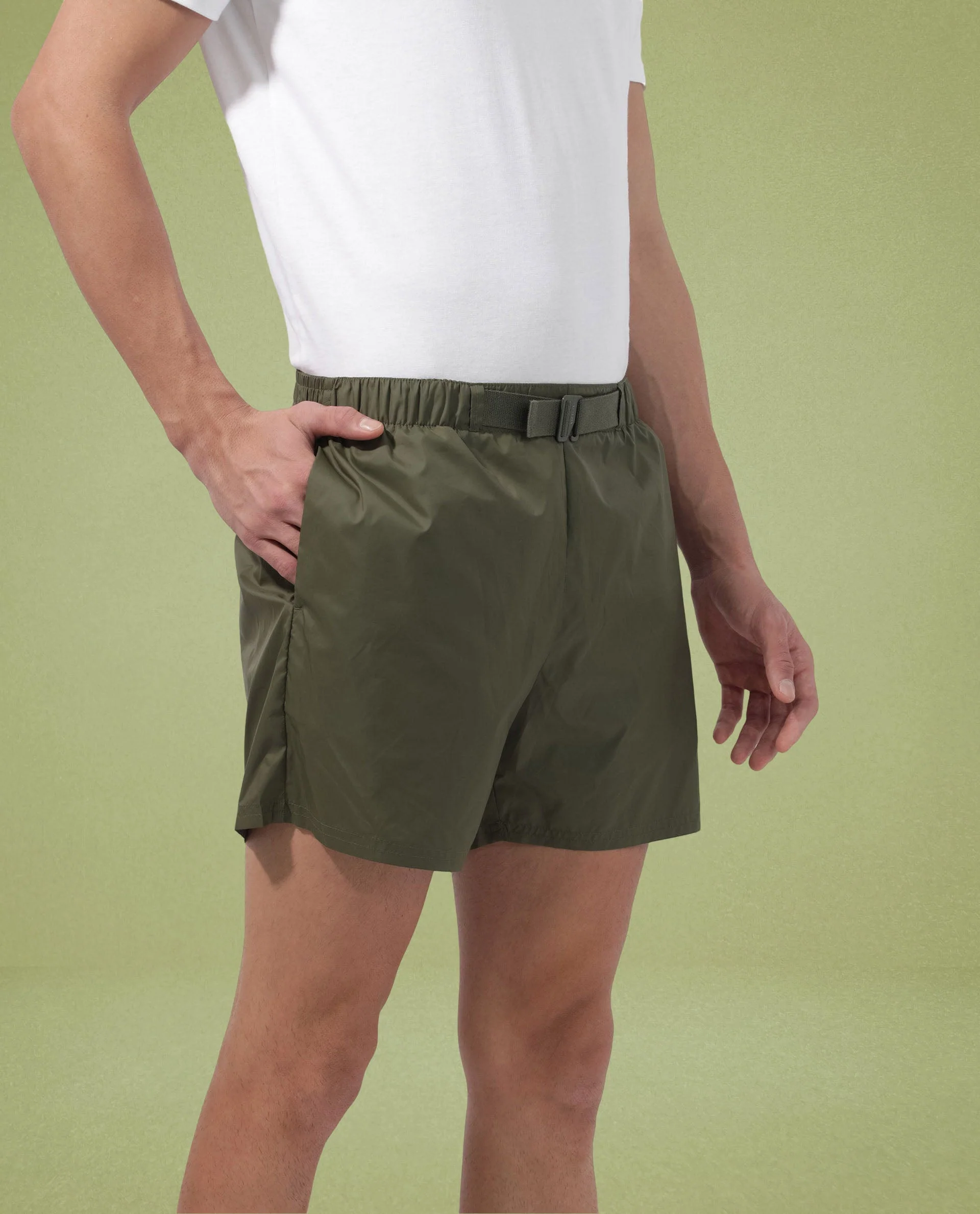 Rare Rabbit Men's Kort Green Polyester Fabric Buckle Fastening Regular Fit Solid Shorts - Image 6