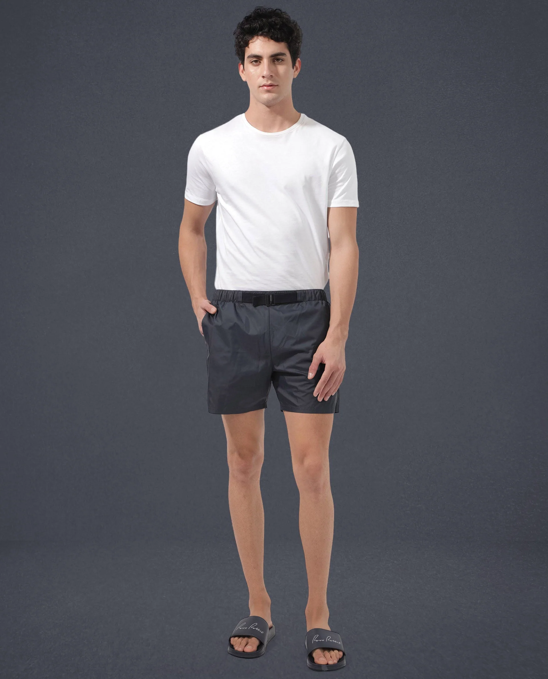 Rare Rabbit Men's Kort Navy Polyester Fabric Buckle Fastening Regular Fit Solid Shorts - Image 5