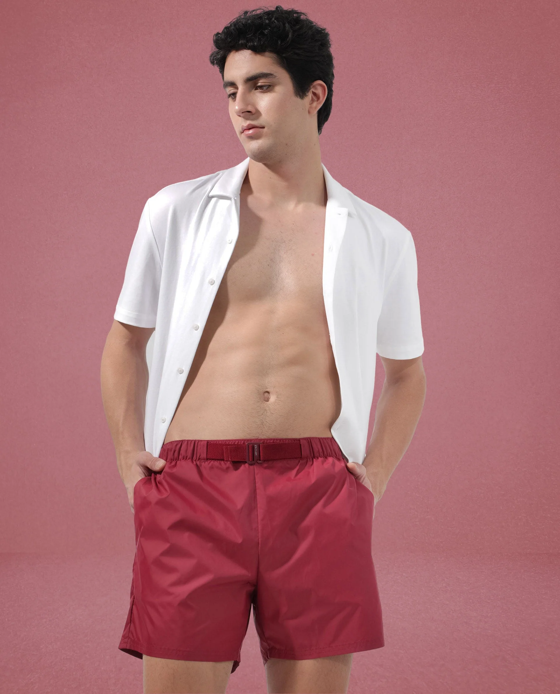 Rare Rabbit Men's Kort Red Polyester Fabric Buckle Fastening Regular Fit Solid Shorts - Image 11