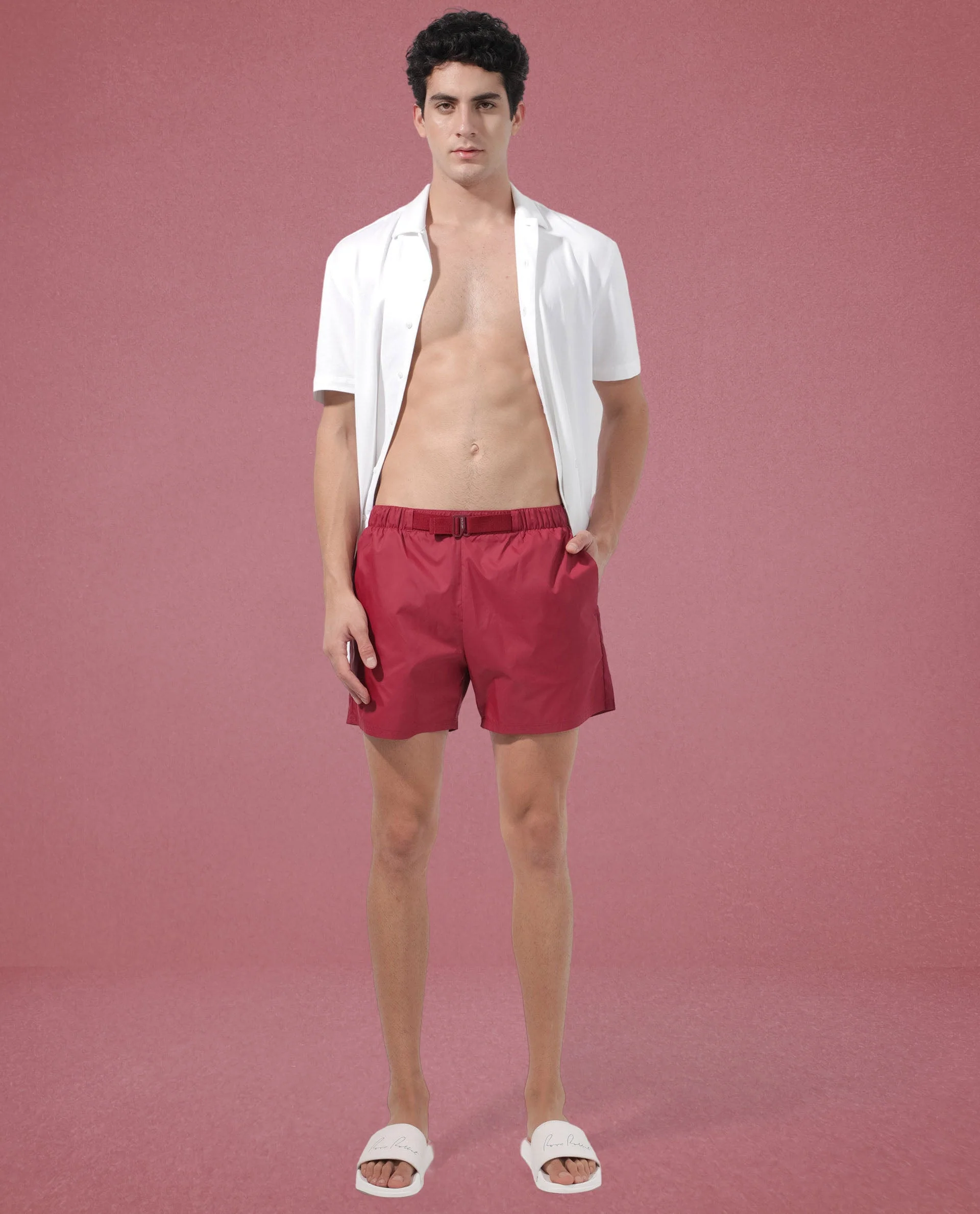 Rare Rabbit Men's Kort Red Polyester Fabric Buckle Fastening Regular Fit Solid Shorts - Image 3