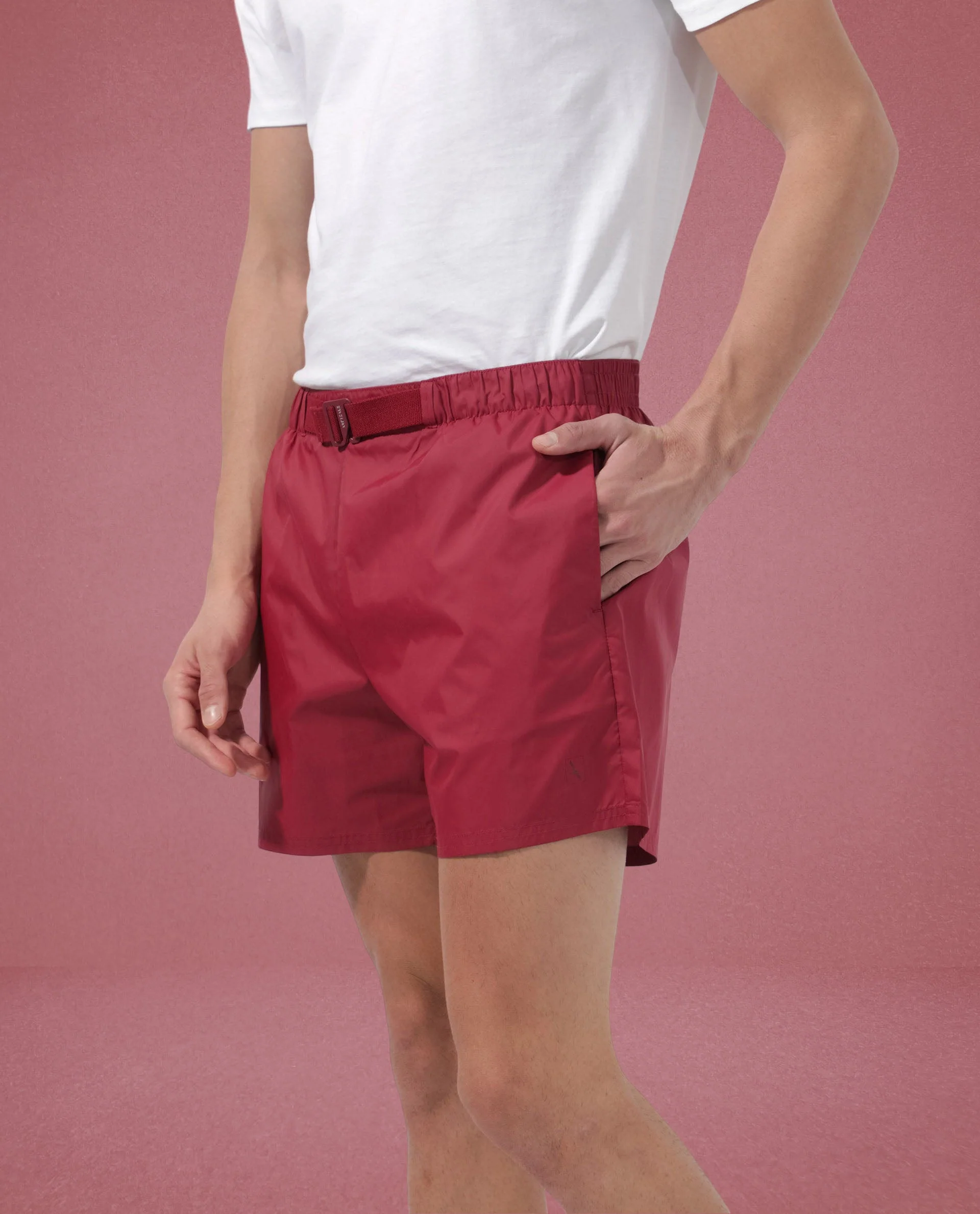 Rare Rabbit Men's Kort Red Polyester Fabric Buckle Fastening Regular Fit Solid Shorts - Image 7