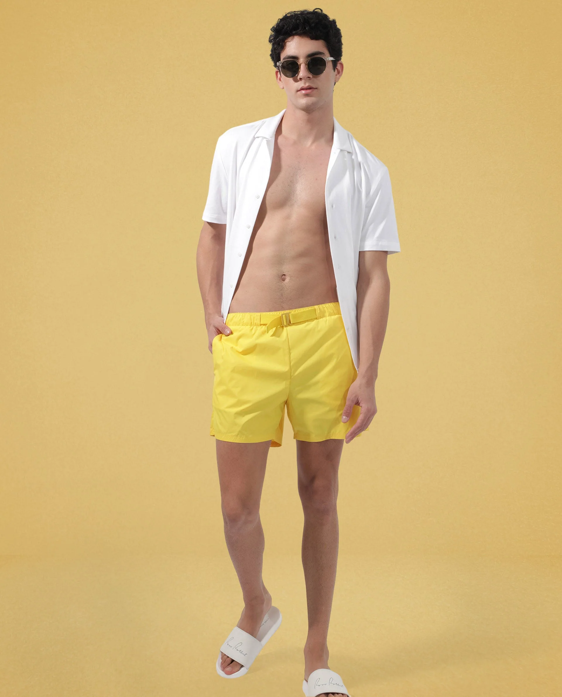 Rare Rabbit Men's Kort Yellow Polyester Fabric Buckle Fastening Regular Fit Solid Shorts - Image 12