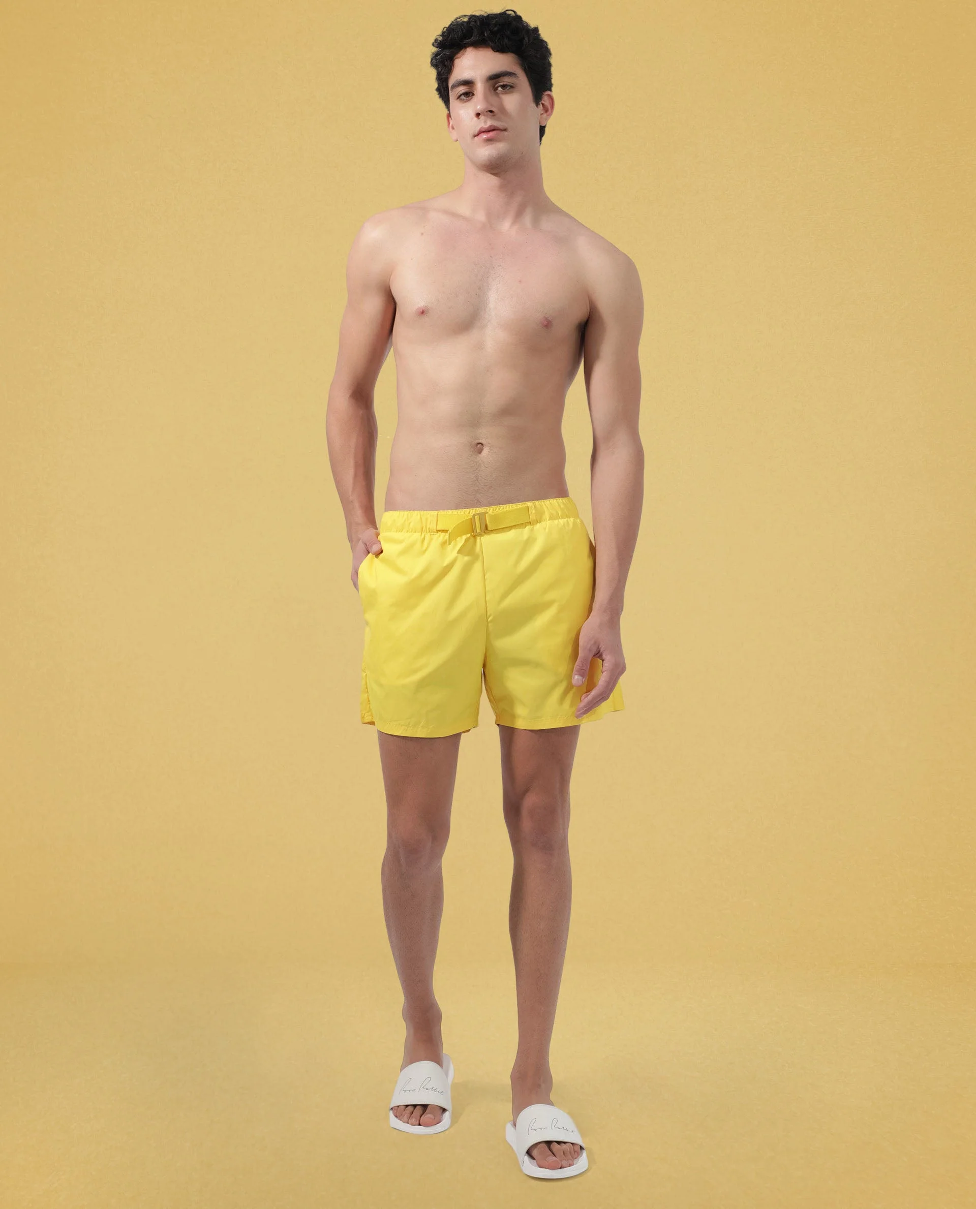 Rare Rabbit Men's Kort Yellow Polyester Fabric Buckle Fastening Regular Fit Solid Shorts - Image 3
