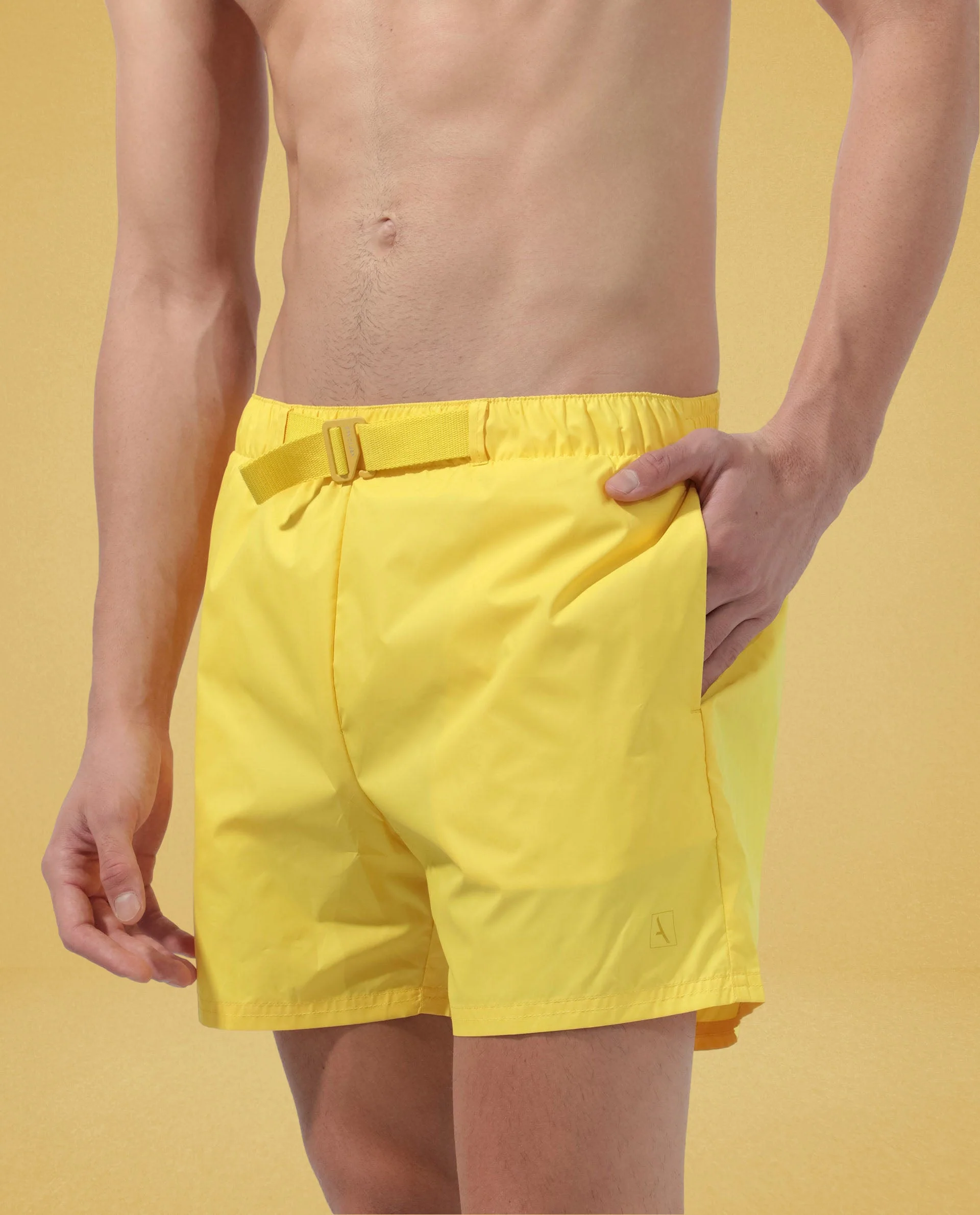 Rare Rabbit Men's Kort Yellow Polyester Fabric Buckle Fastening Regular Fit Solid Shorts - Image 5