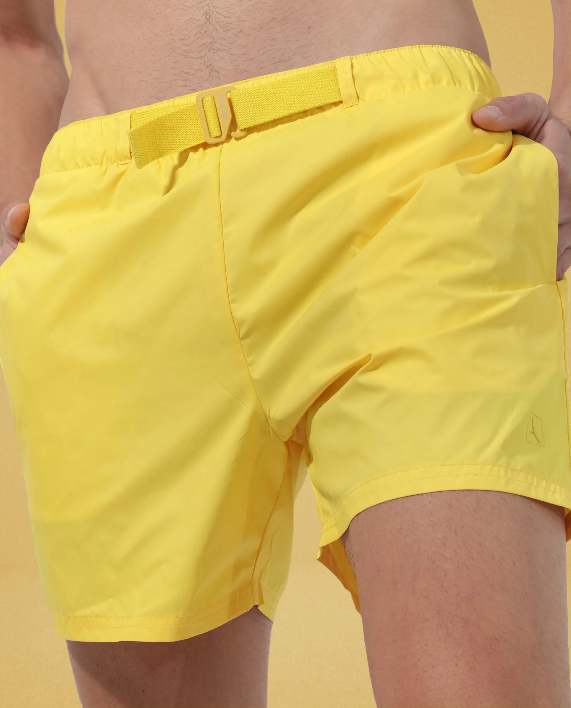 Rare Rabbit Men's Kort Yellow Polyester Fabric Buckle Fastening Regular Fit Solid Shorts - Image 8
