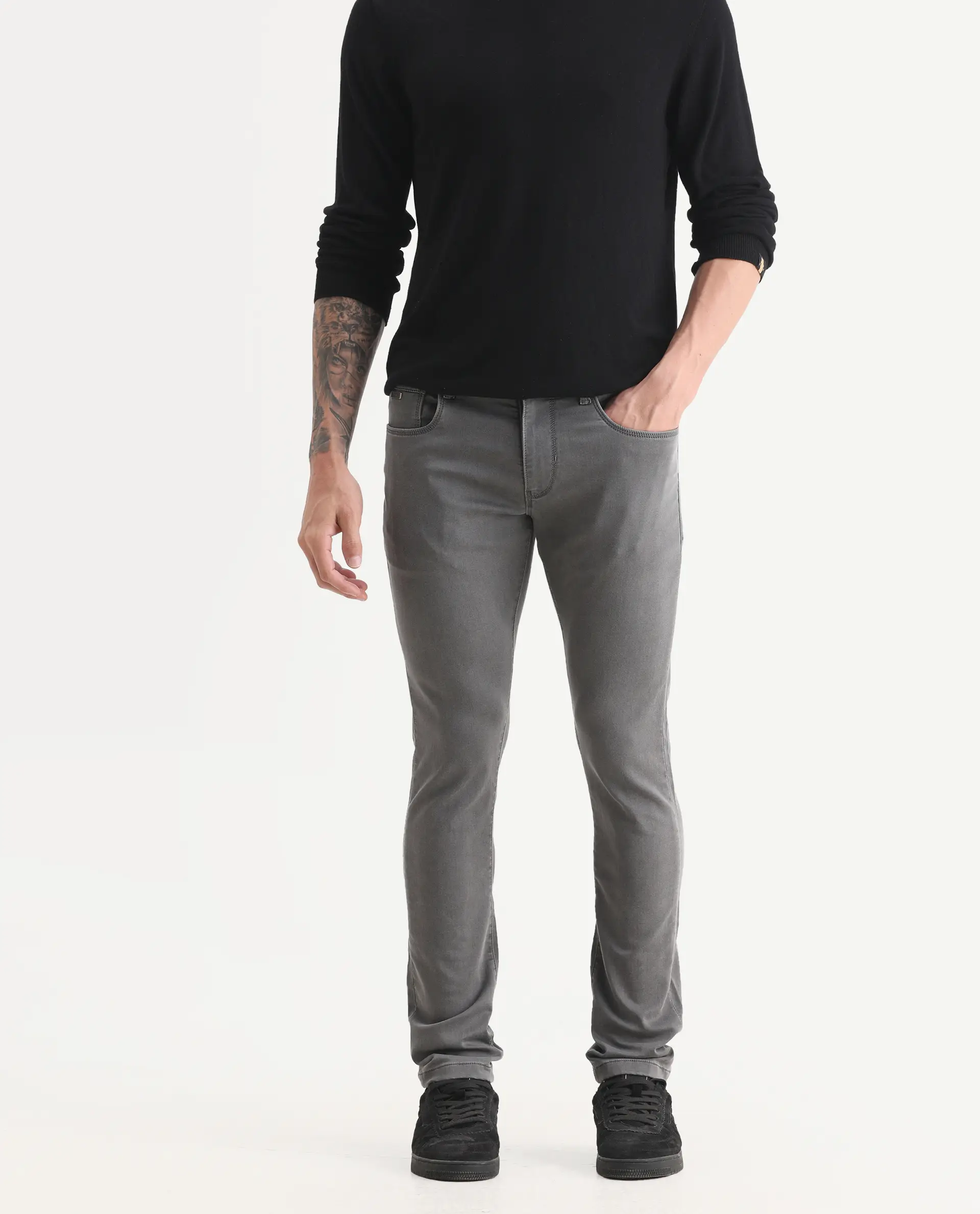 Rare Rabbit Men's Korv-25 Grey Cotton Blend Plain Hawk Slim Fit Jeans - Image 2