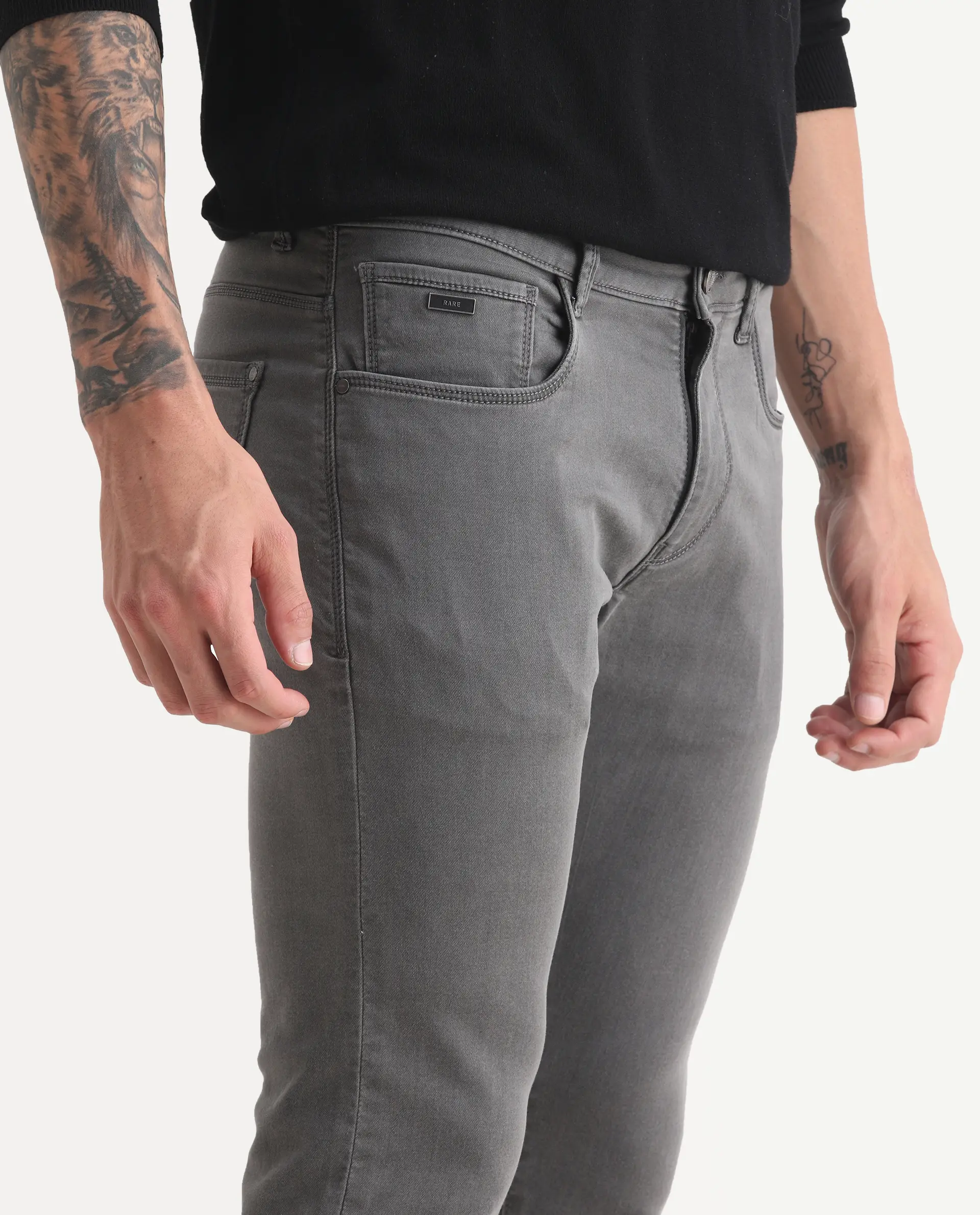 Rare Rabbit Men's Korv-25 Grey Cotton Blend Plain Hawk Slim Fit Jeans - Image 3
