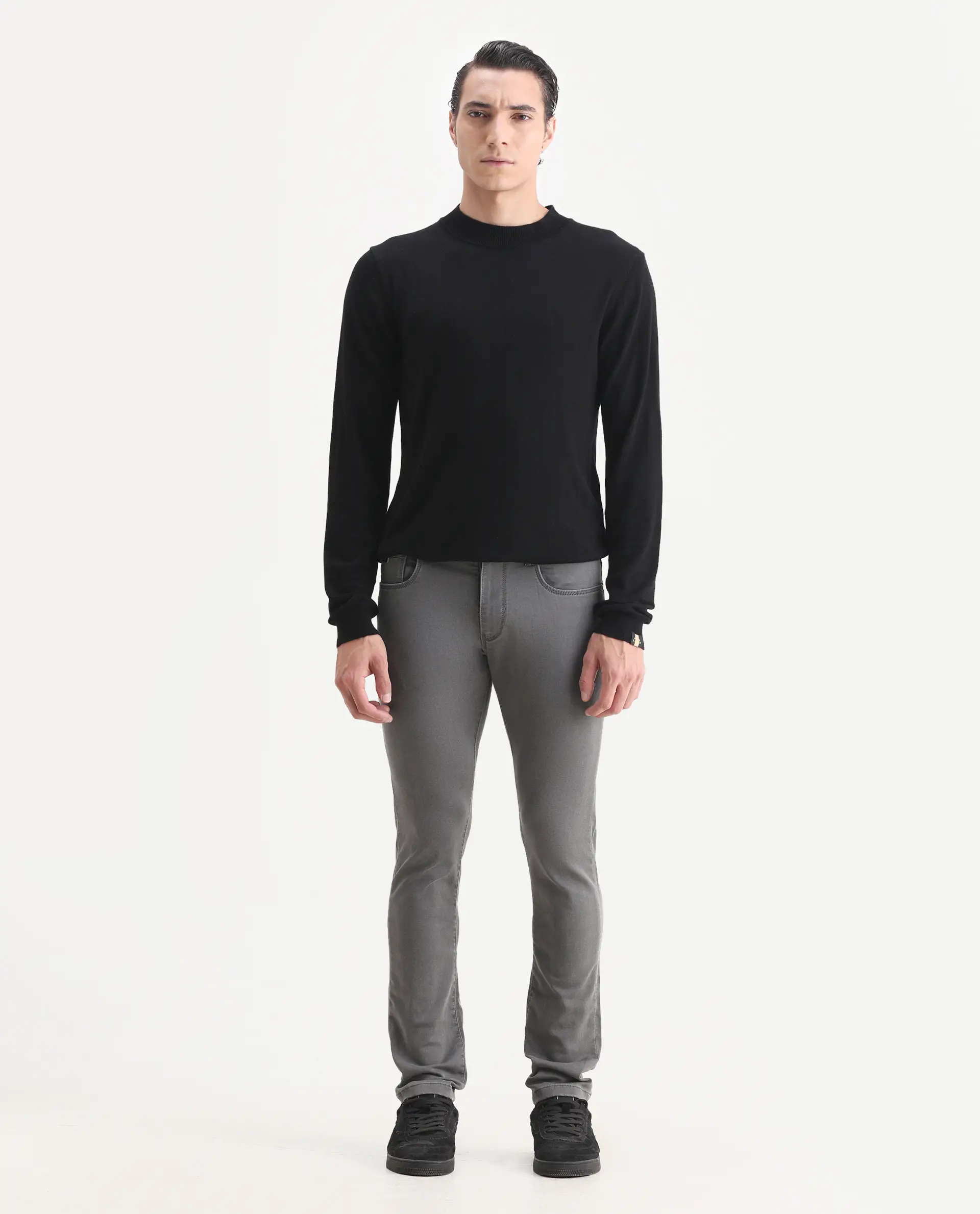 Rare Rabbit Men's Korv-25 Grey Cotton Blend Plain Hawk Slim Fit Jeans - Image 4