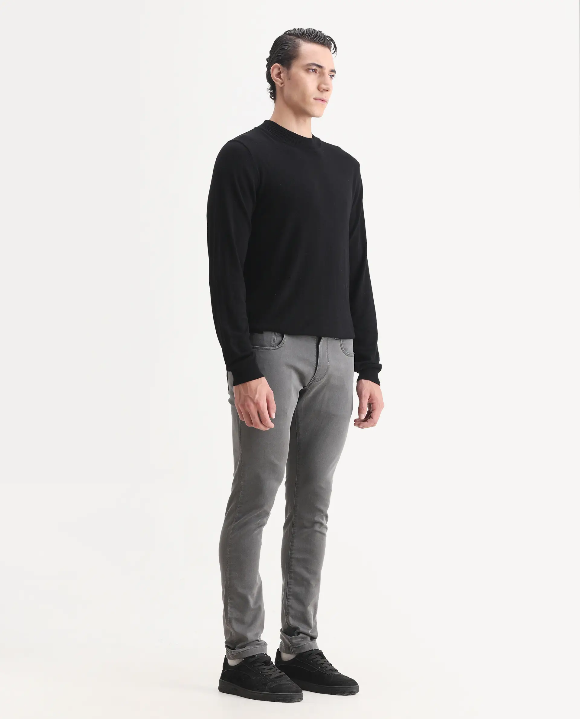 Rare Rabbit Men's Korv-25 Grey Cotton Blend Plain Hawk Slim Fit Jeans - Image 6