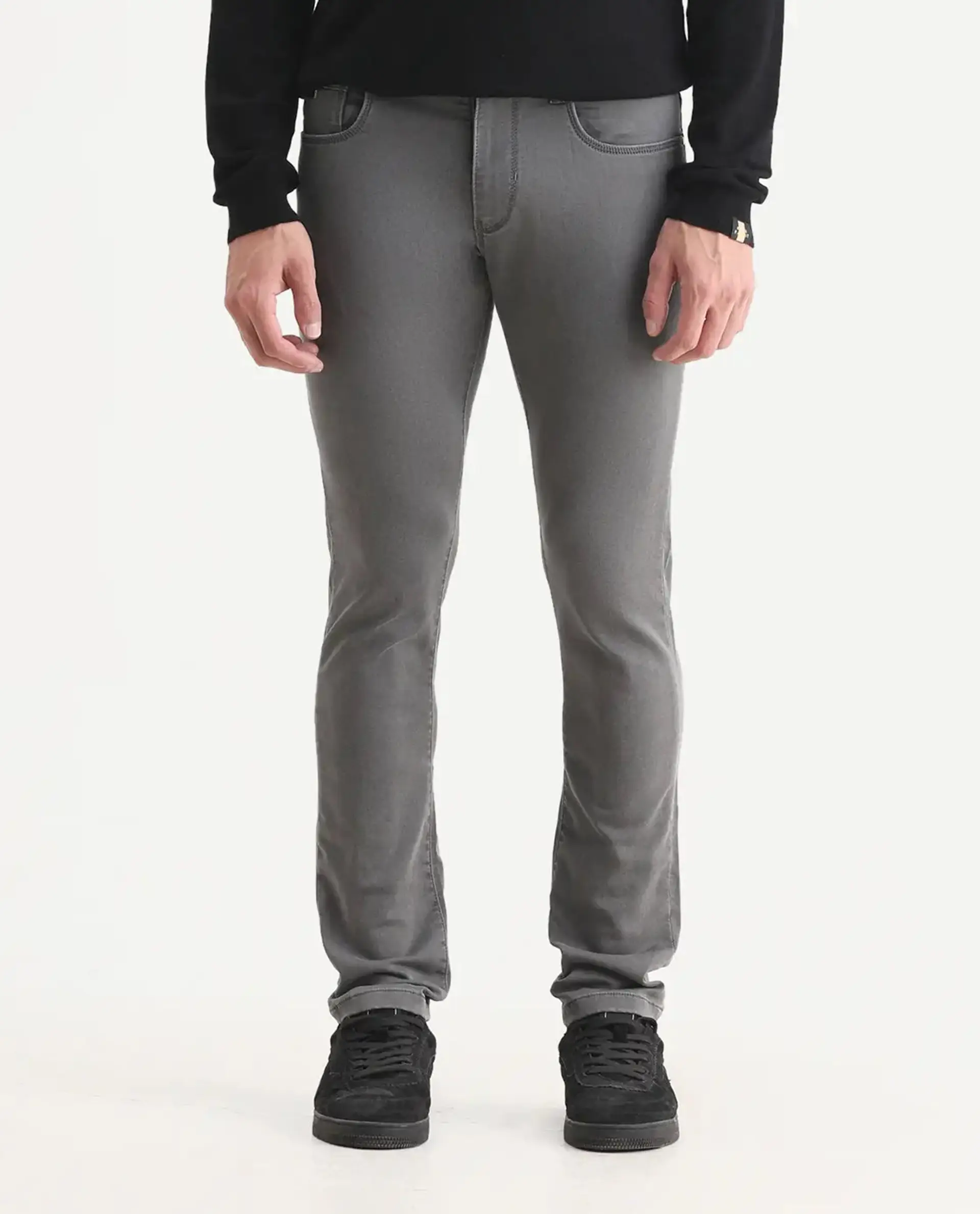 Rare Rabbit Men's Korv-25 Grey Cotton Blend Plain Hawk Slim Fit Jeans - Image 9