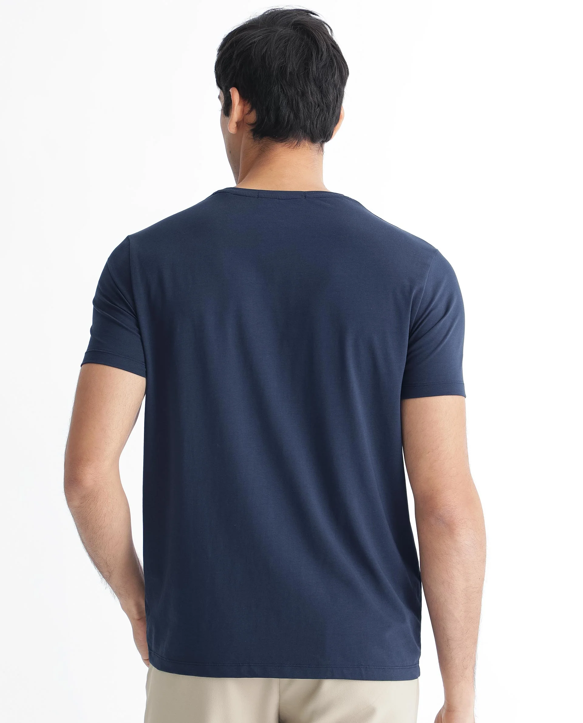 Rare Rabbit Men's Kos Navy Cotton Plain Slim Fit Half Sleeve Crew Neck T-Shirt - Image 10