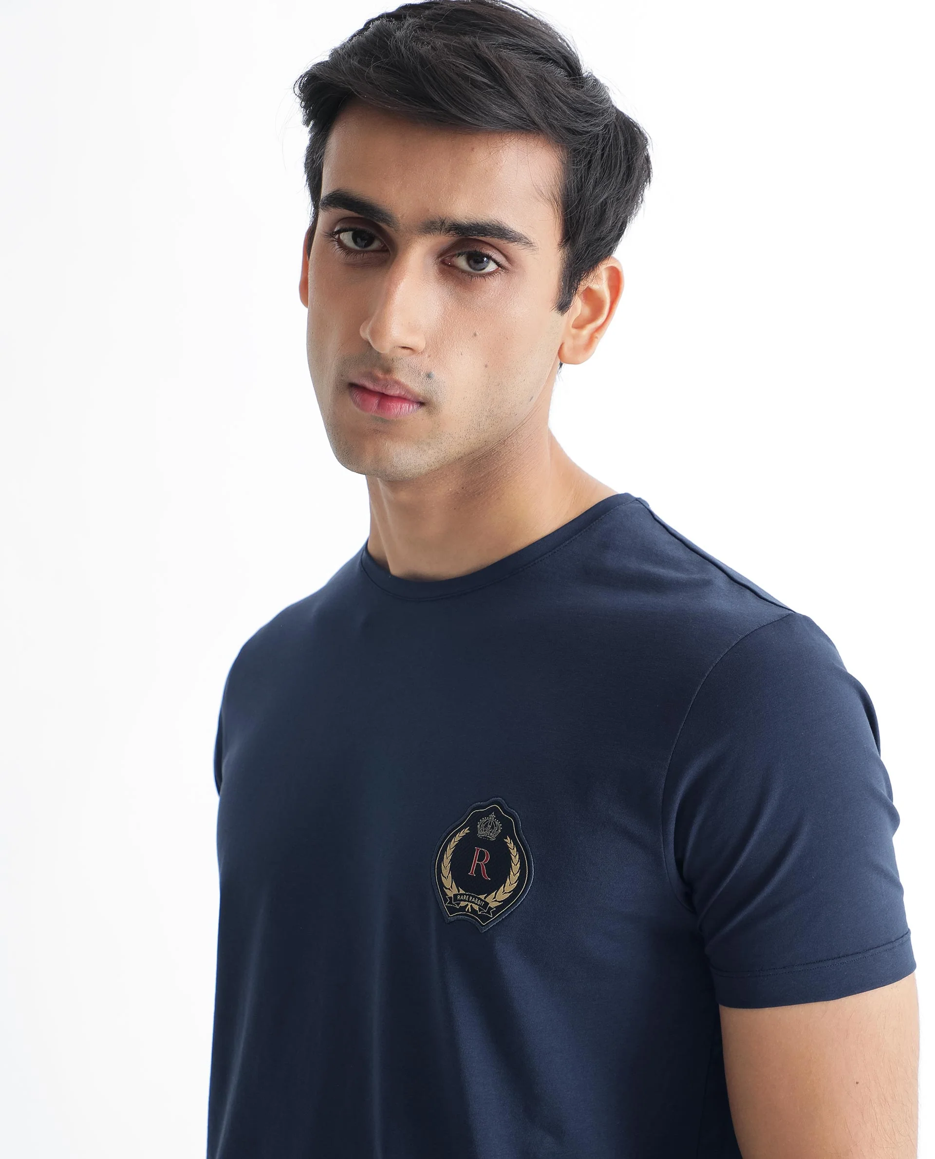 Rare Rabbit Men's Kos Navy Cotton Plain Slim Fit Half Sleeve Crew Neck T-Shirt - Image 2