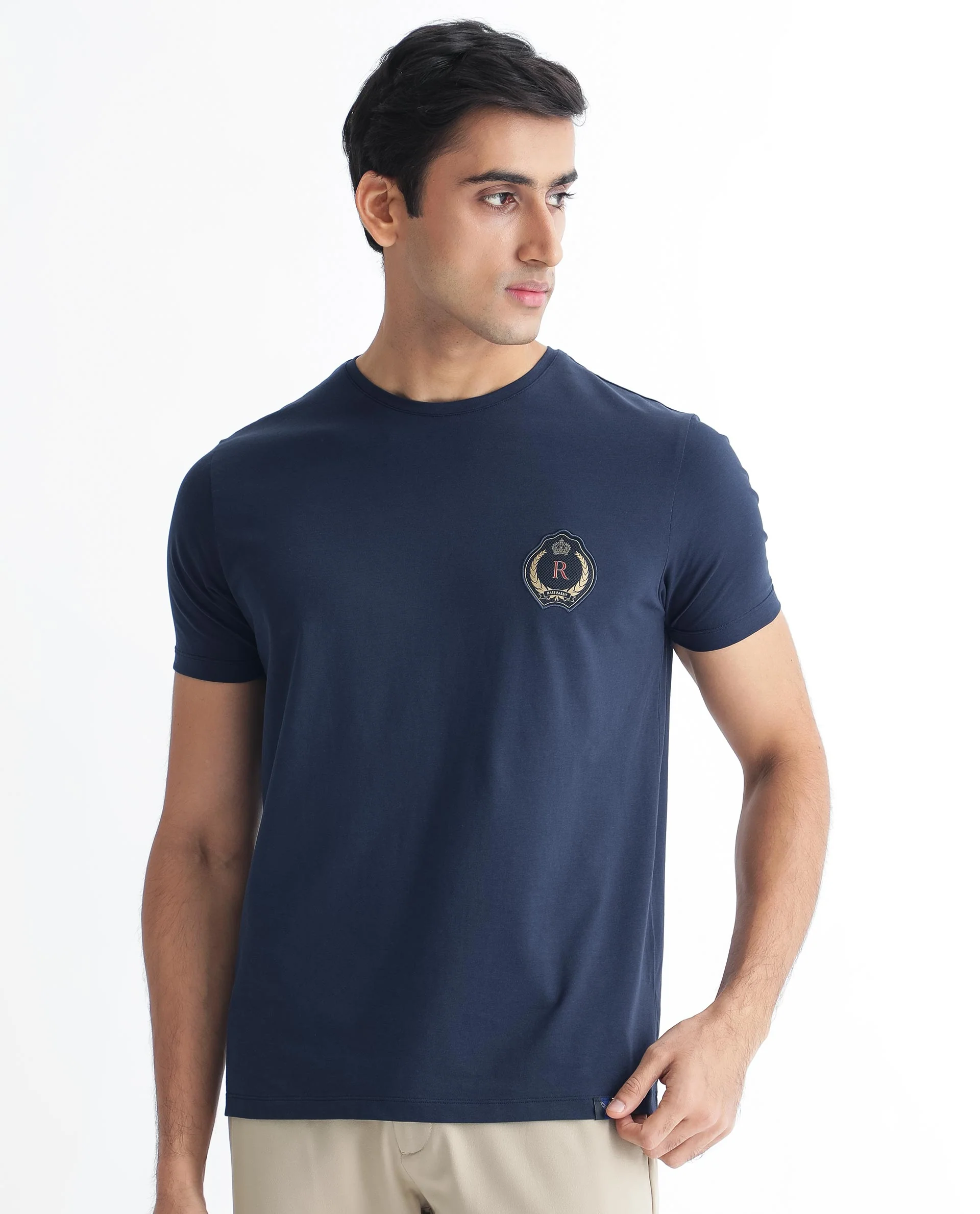 Rare Rabbit Men's Kos Navy Cotton Plain Slim Fit Half Sleeve Crew Neck T-Shirt - Image 3