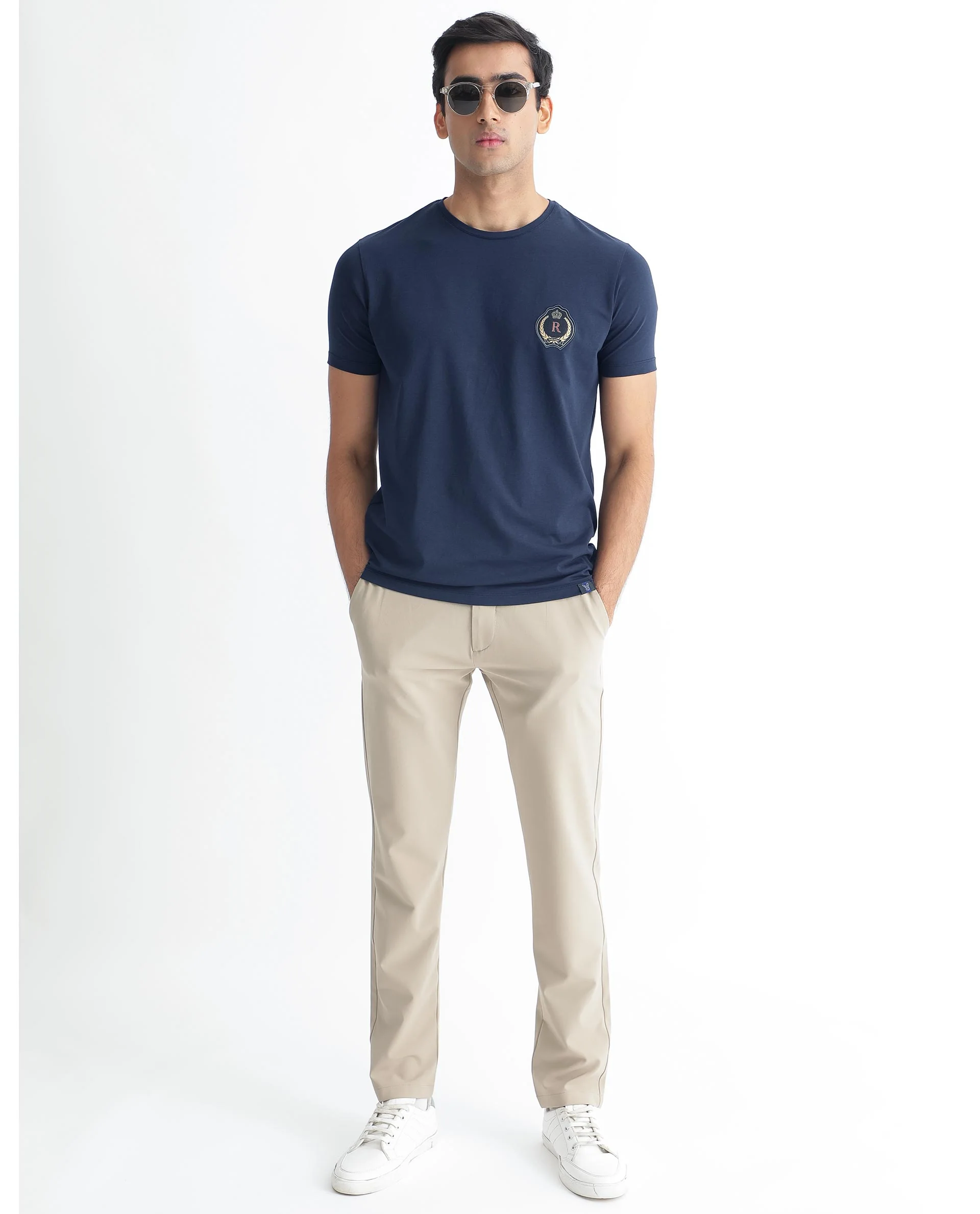 Rare Rabbit Men's Kos Navy Cotton Plain Slim Fit Half Sleeve Crew Neck T-Shirt - Image 4