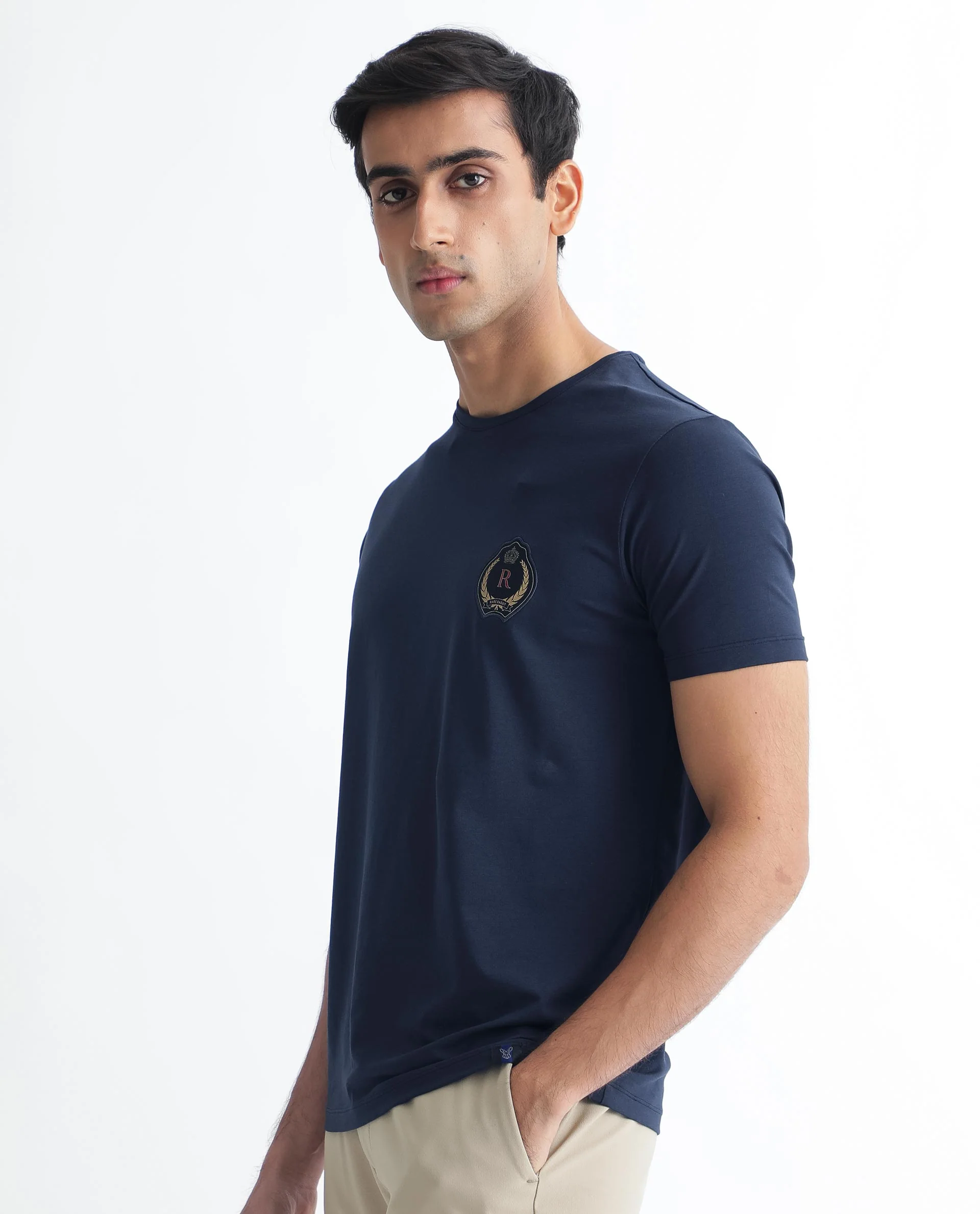 Rare Rabbit Men's Kos Navy Cotton Plain Slim Fit Half Sleeve Crew Neck T-Shirt - Image 6