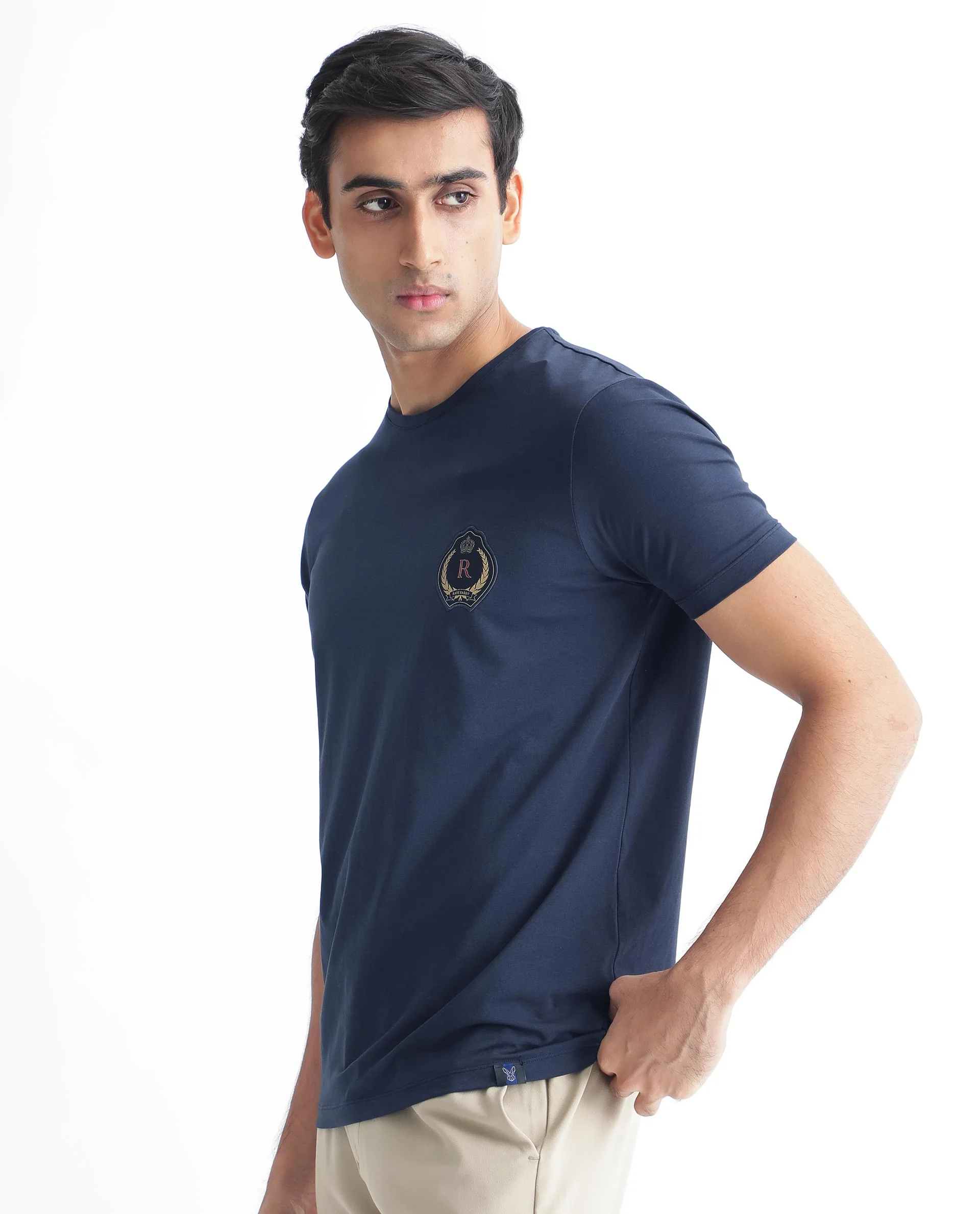 Rare Rabbit Men's Kos Navy Cotton Plain Slim Fit Half Sleeve Crew Neck T-Shirt - Image 7