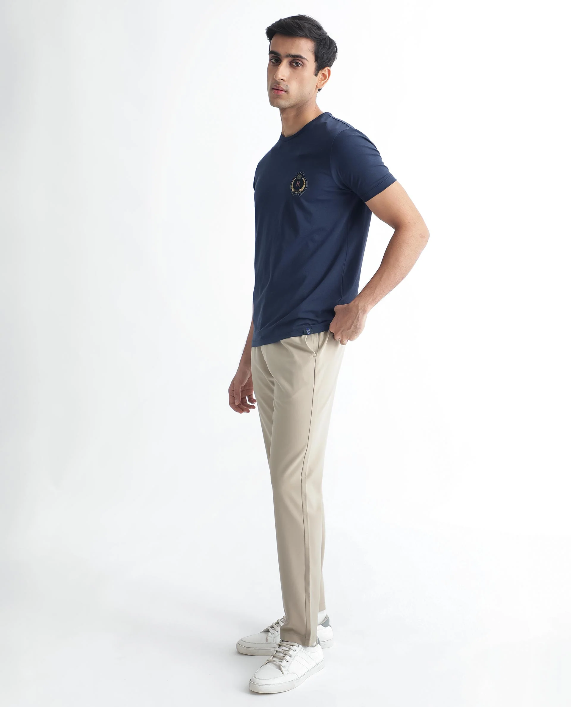 Rare Rabbit Men's Kos Navy Cotton Plain Slim Fit Half Sleeve Crew Neck T-Shirt - Image 8