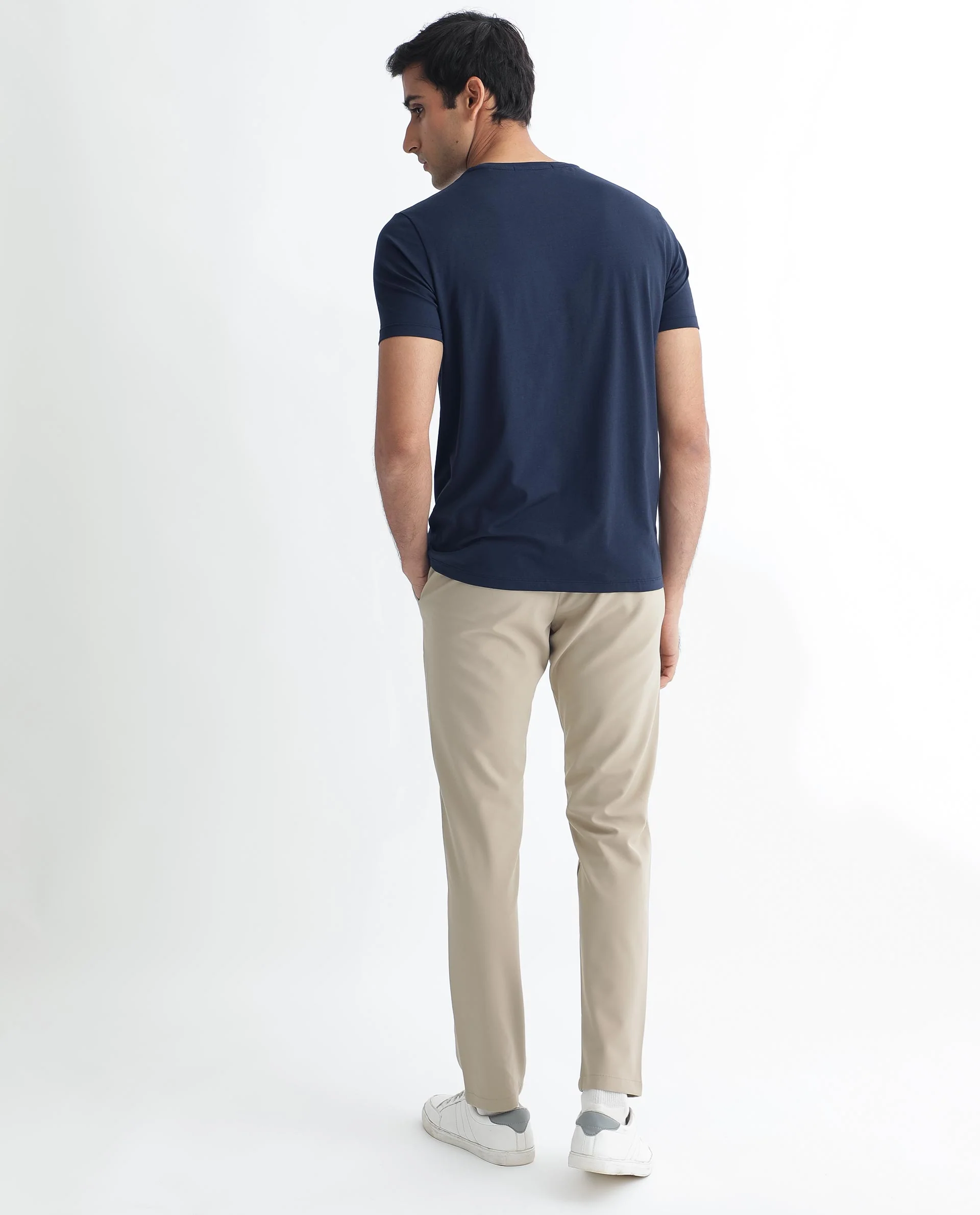 Rare Rabbit Men's Kos Navy Cotton Plain Slim Fit Half Sleeve Crew Neck T-Shirt - Image 9