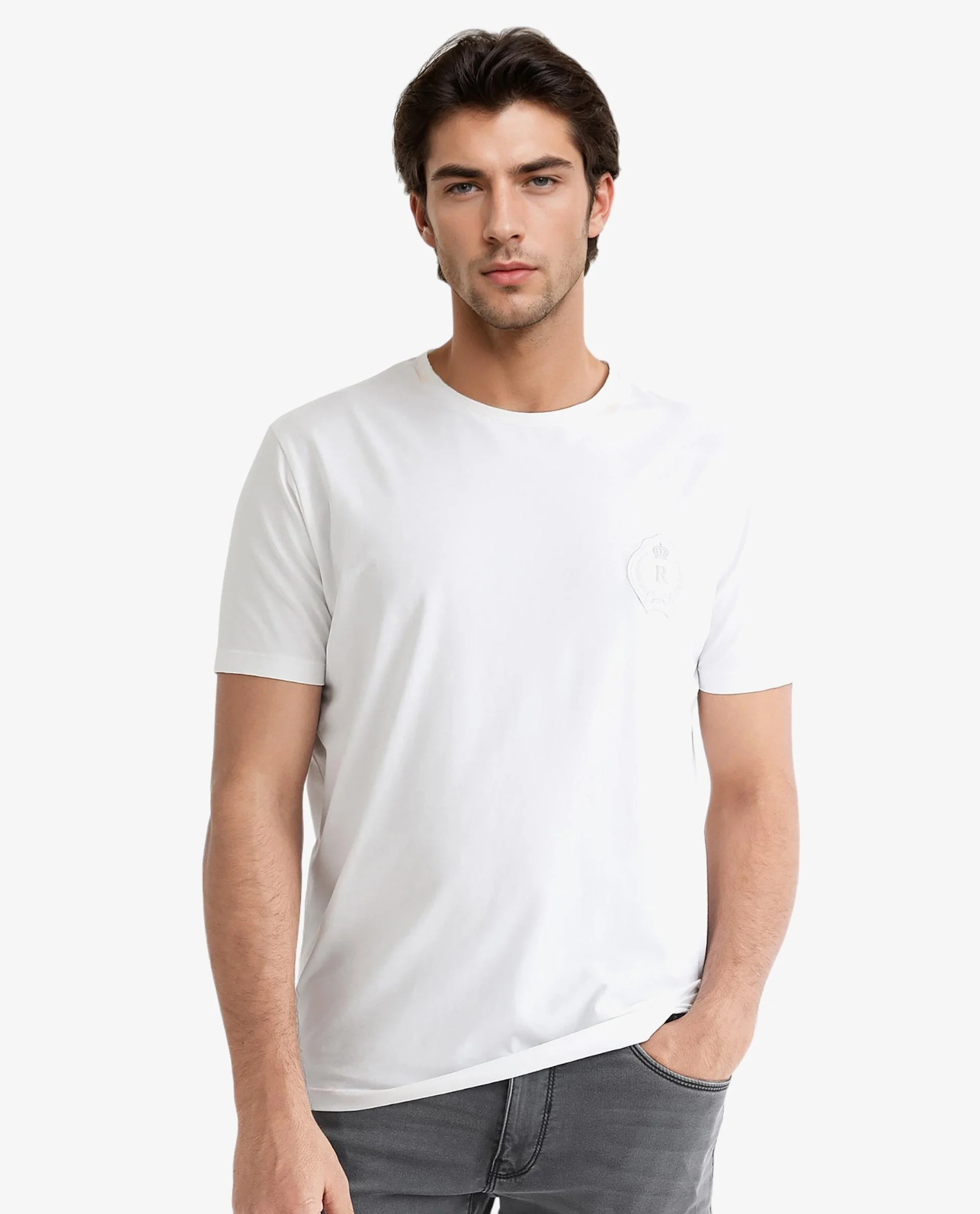 Rare Rabbit Men's Kos White Cotton Plain Slim Fit Half Sleeve Crew Neck T-Shirt