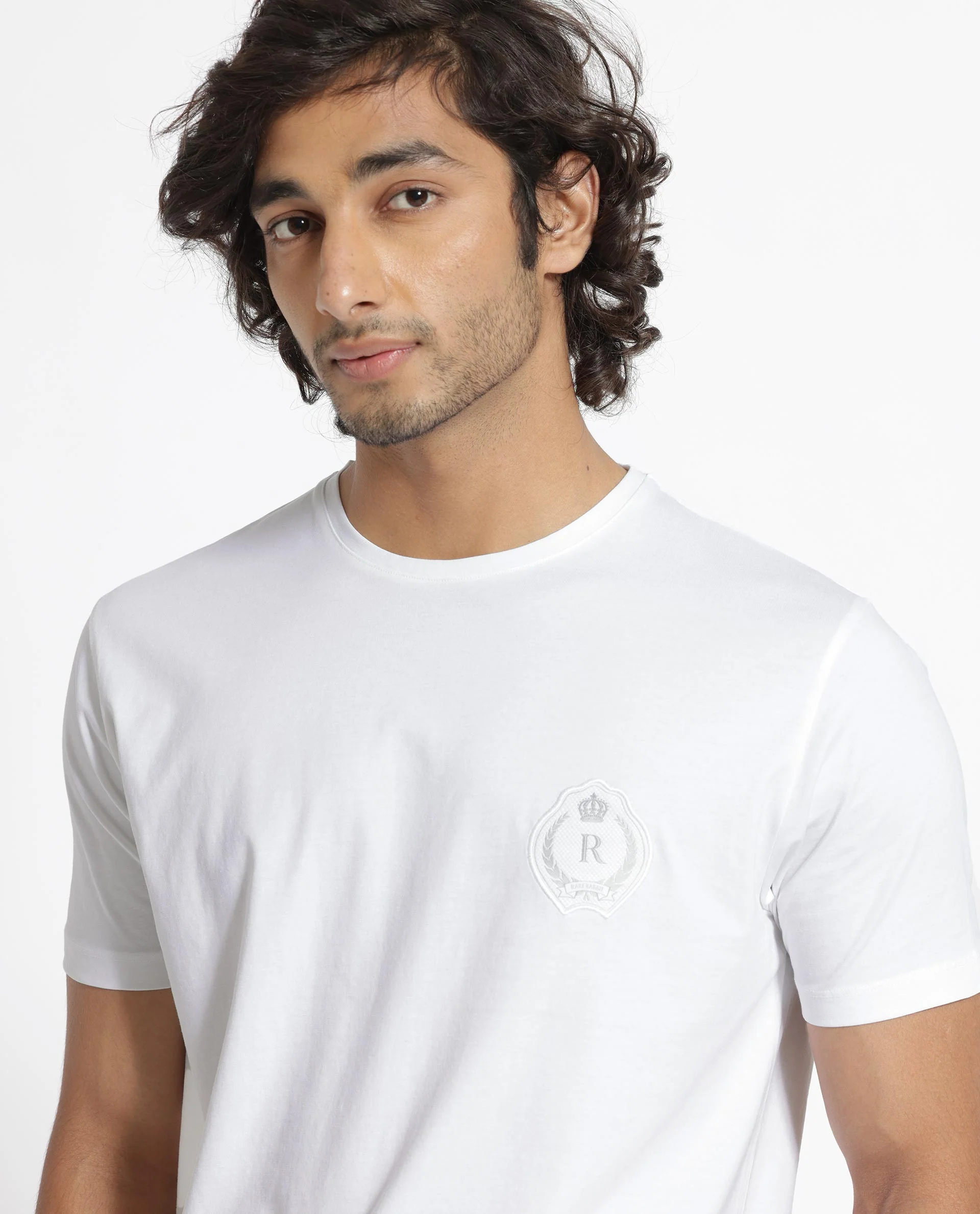 Rare Rabbit Men's Kos White Cotton Plain Slim Fit Half Sleeve Crew Neck T-Shirt - Image 2
