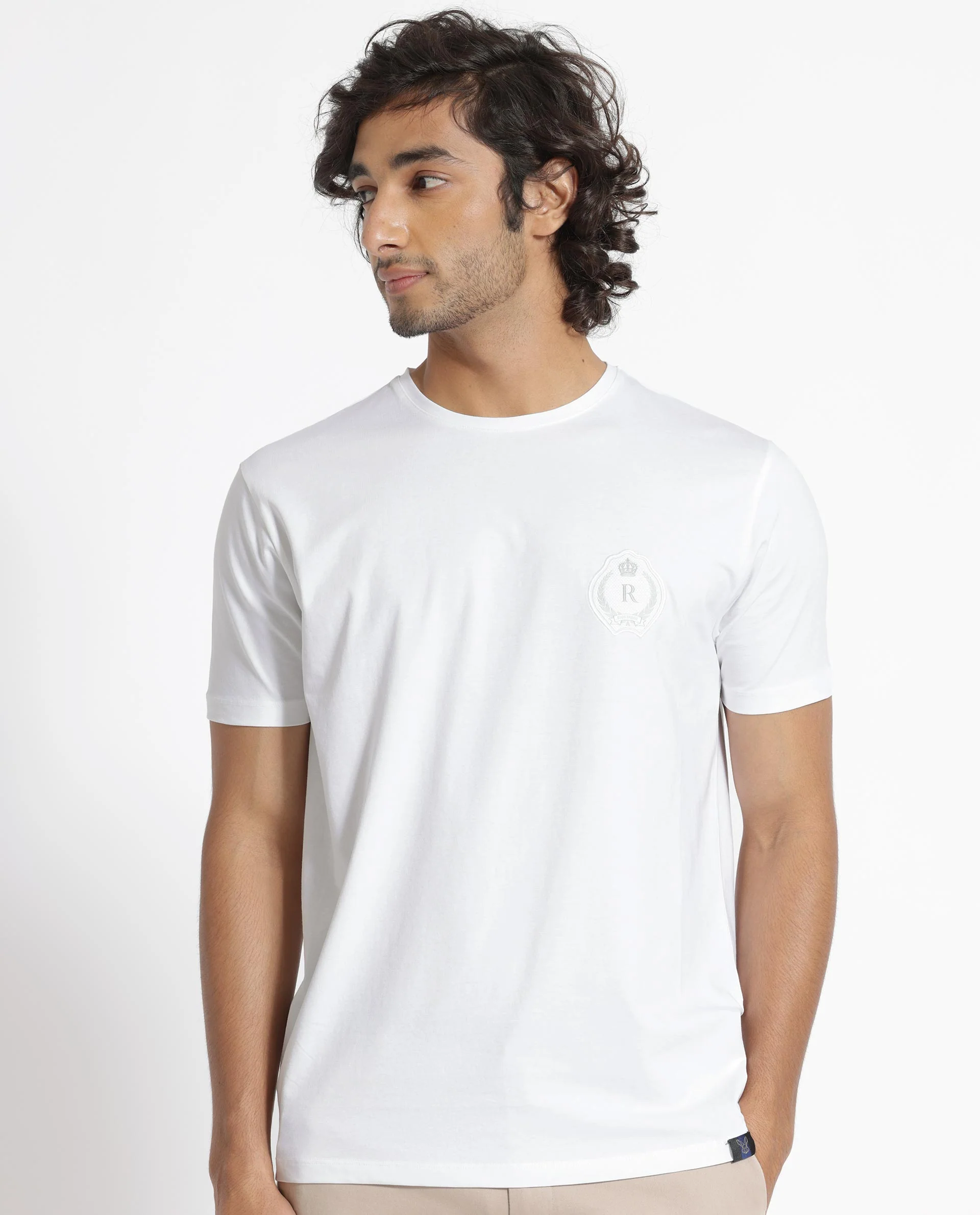 Rare Rabbit Men's Kos White Cotton Plain Slim Fit Half Sleeve Crew Neck T-Shirt - Image 3