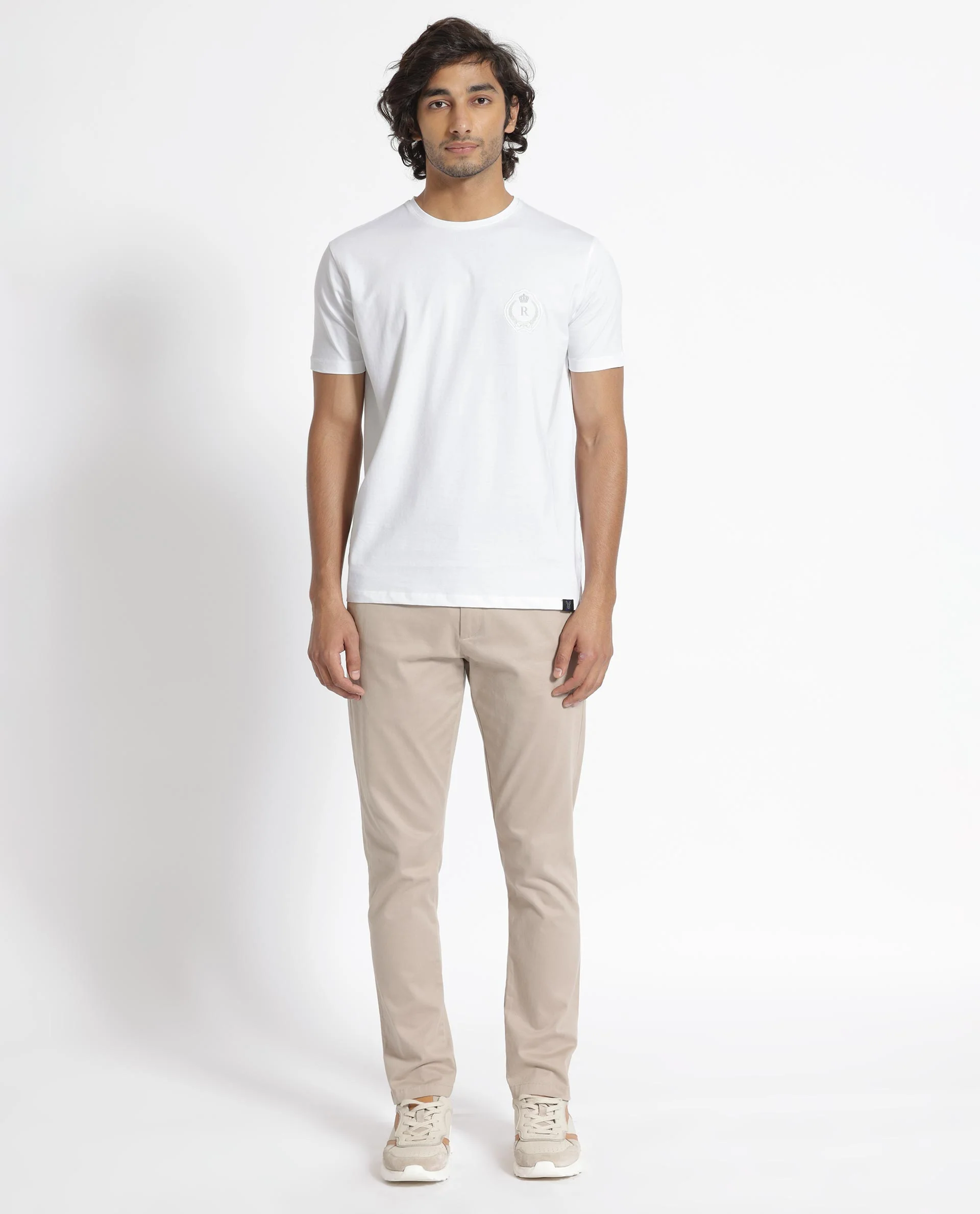 Rare Rabbit Men's Kos White Cotton Plain Slim Fit Half Sleeve Crew Neck T-Shirt - Image 4