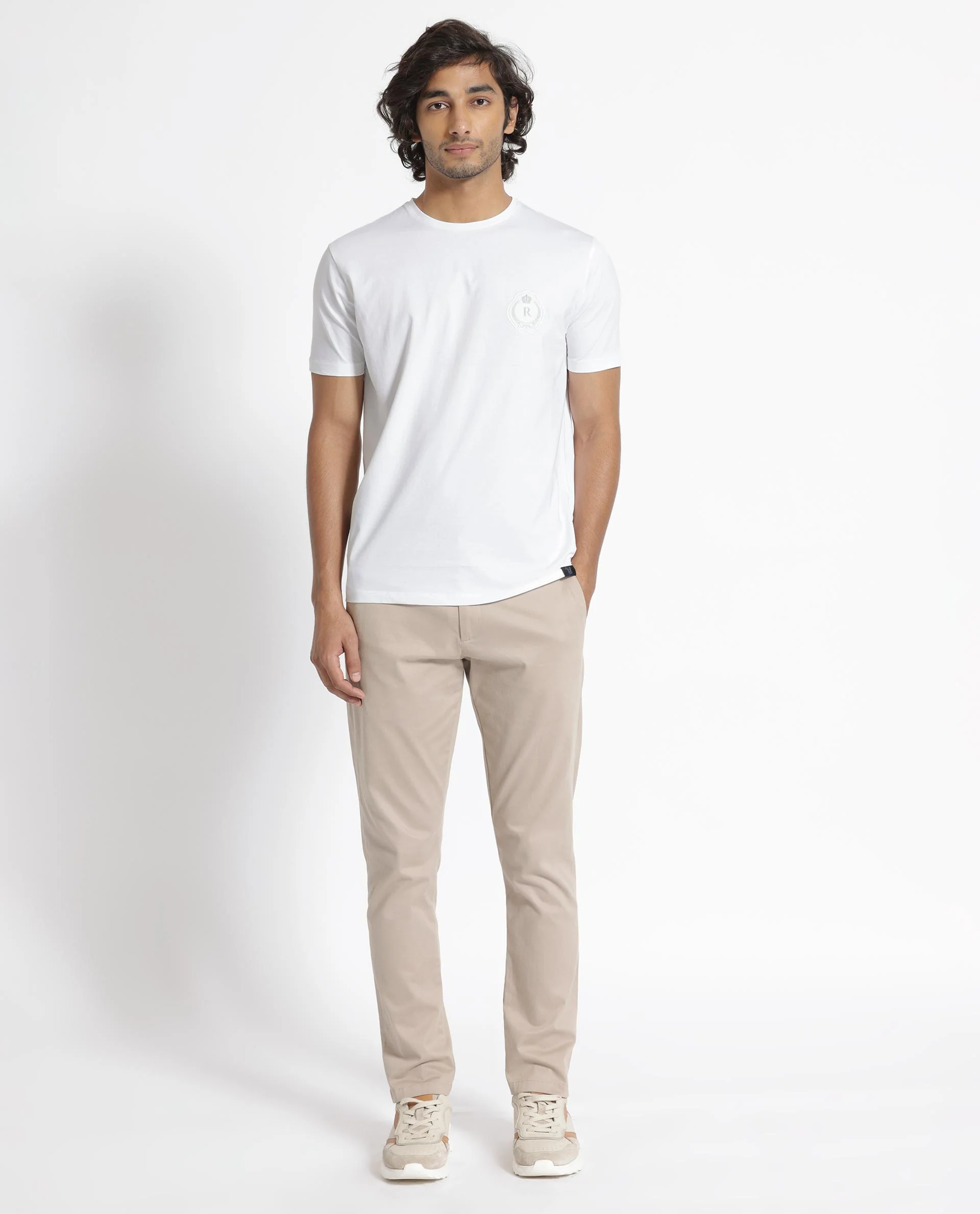 Rare Rabbit Men's Kos White Cotton Plain Slim Fit Half Sleeve Crew Neck T-Shirt - Image 5