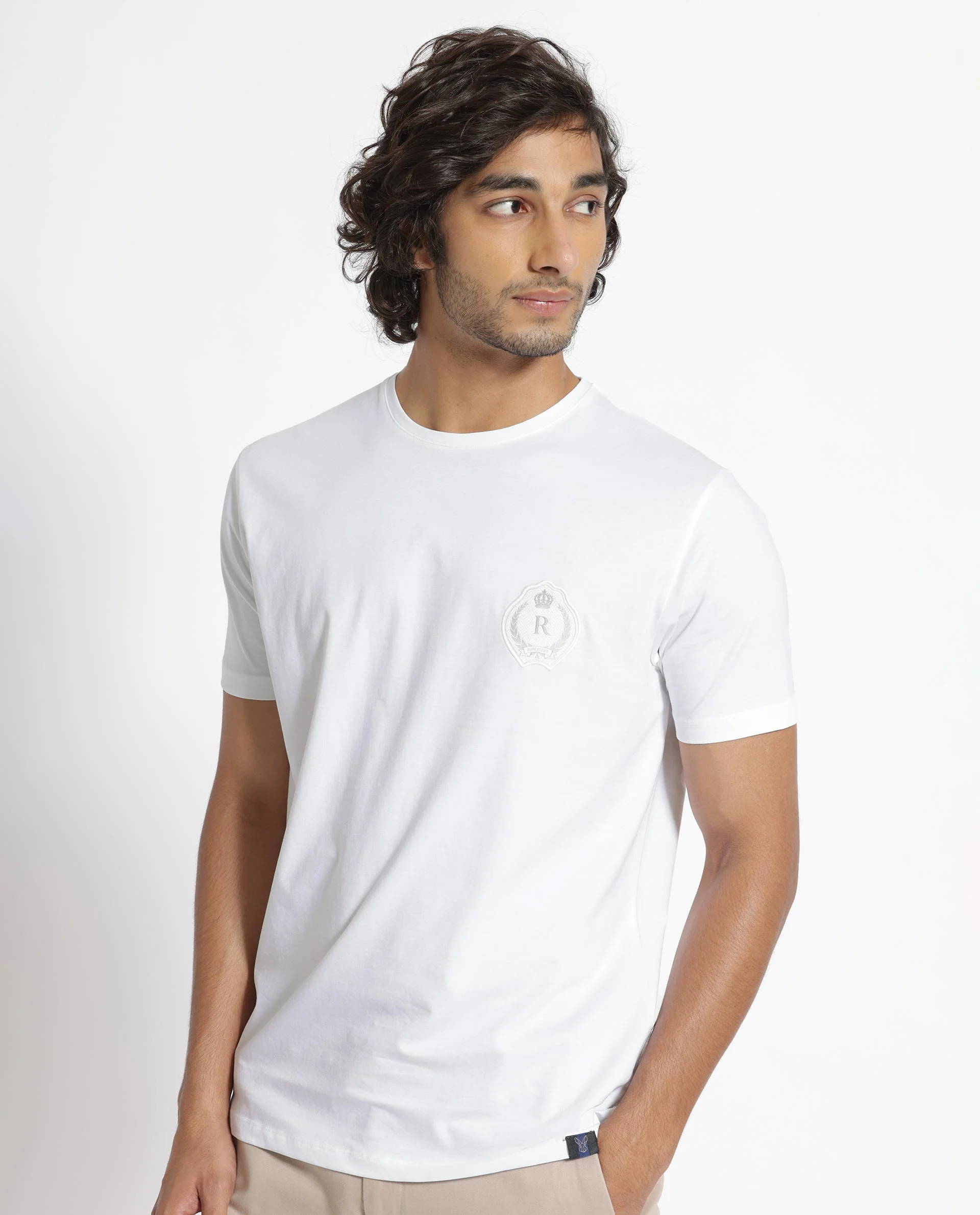 Rare Rabbit Men's Kos White Cotton Plain Slim Fit Half Sleeve Crew Neck T-Shirt - Image 6