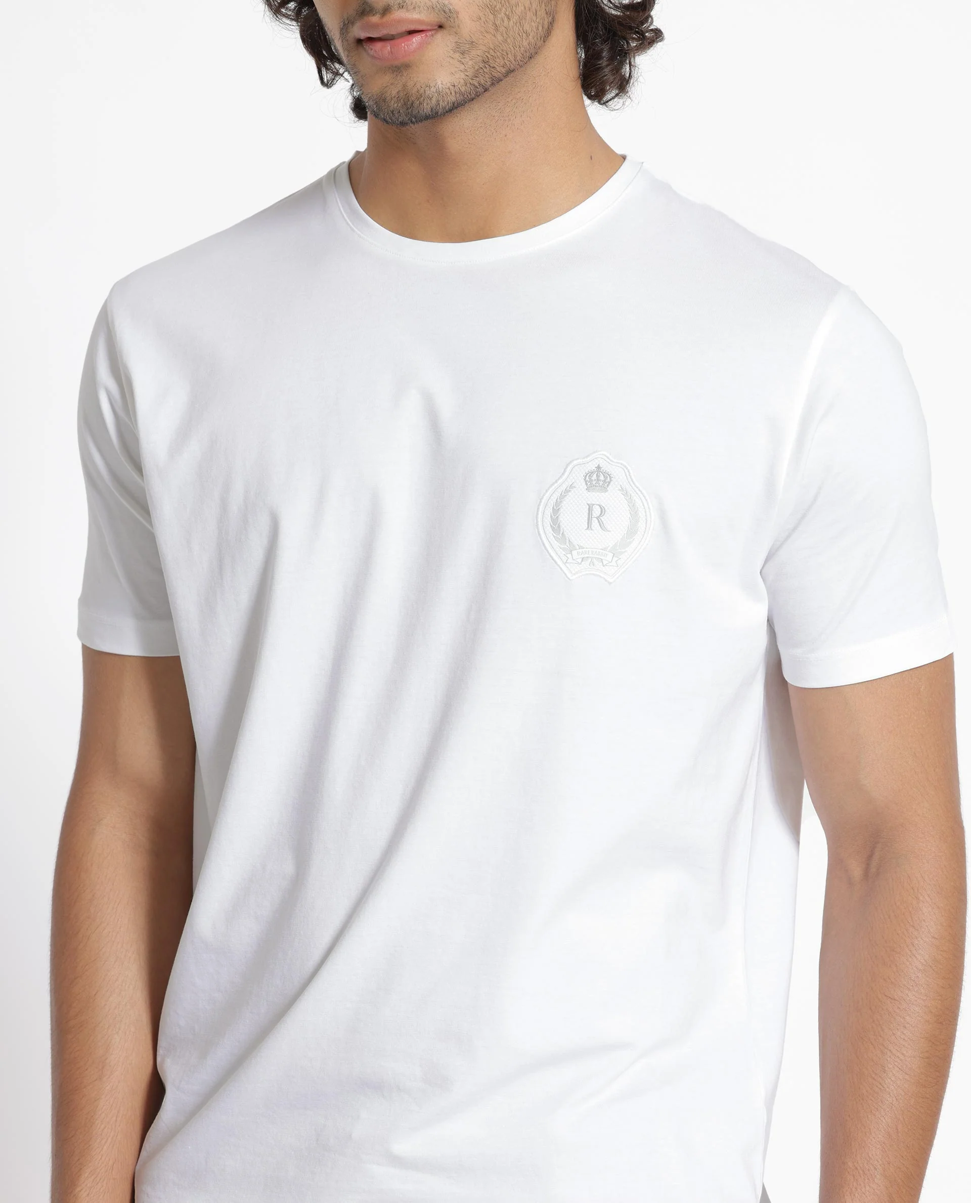 Rare Rabbit Men's Kos White Cotton Plain Slim Fit Half Sleeve Crew Neck T-Shirt - Image 7