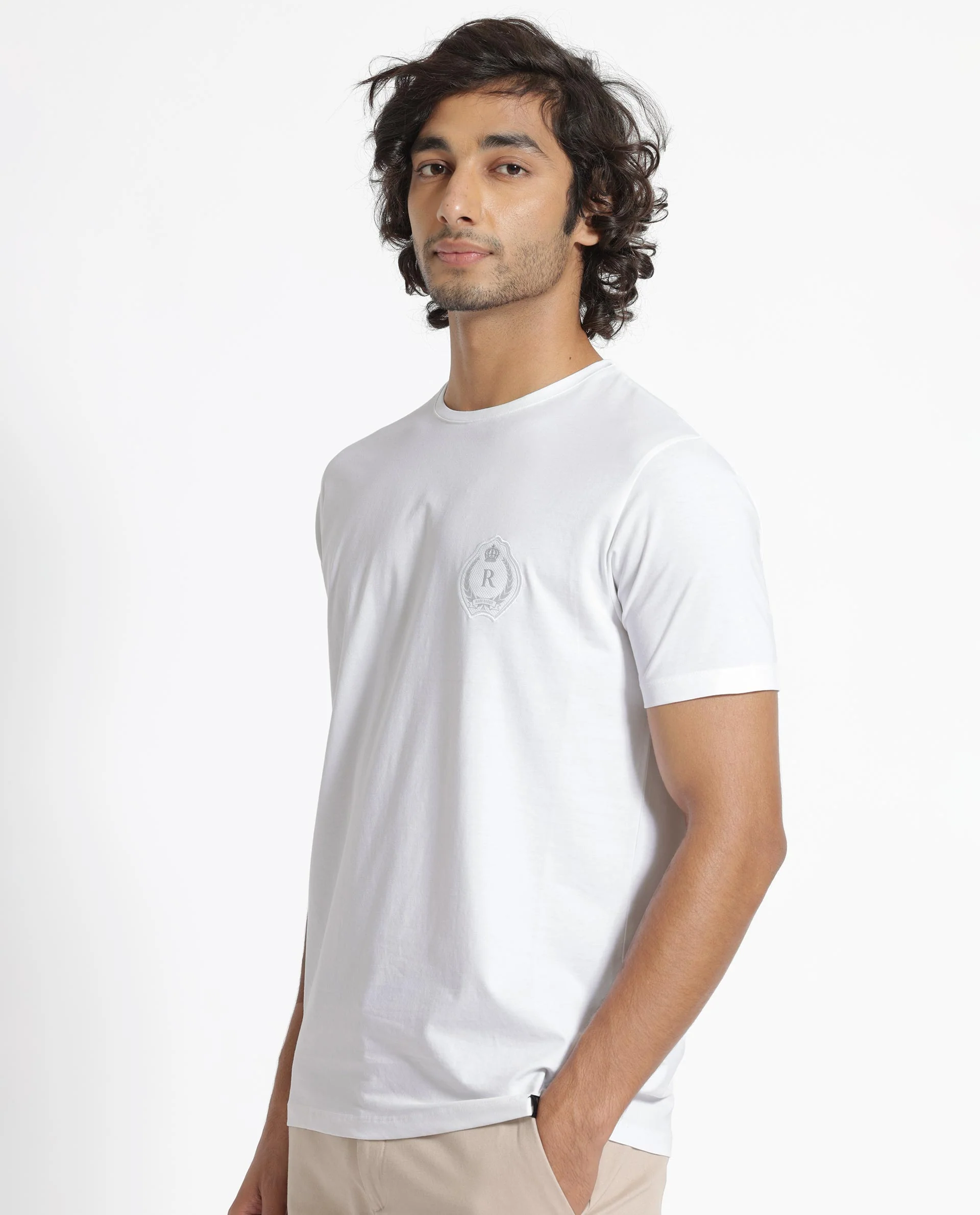 Rare Rabbit Men's Kos White Cotton Plain Slim Fit Half Sleeve Crew Neck T-Shirt - Image 8