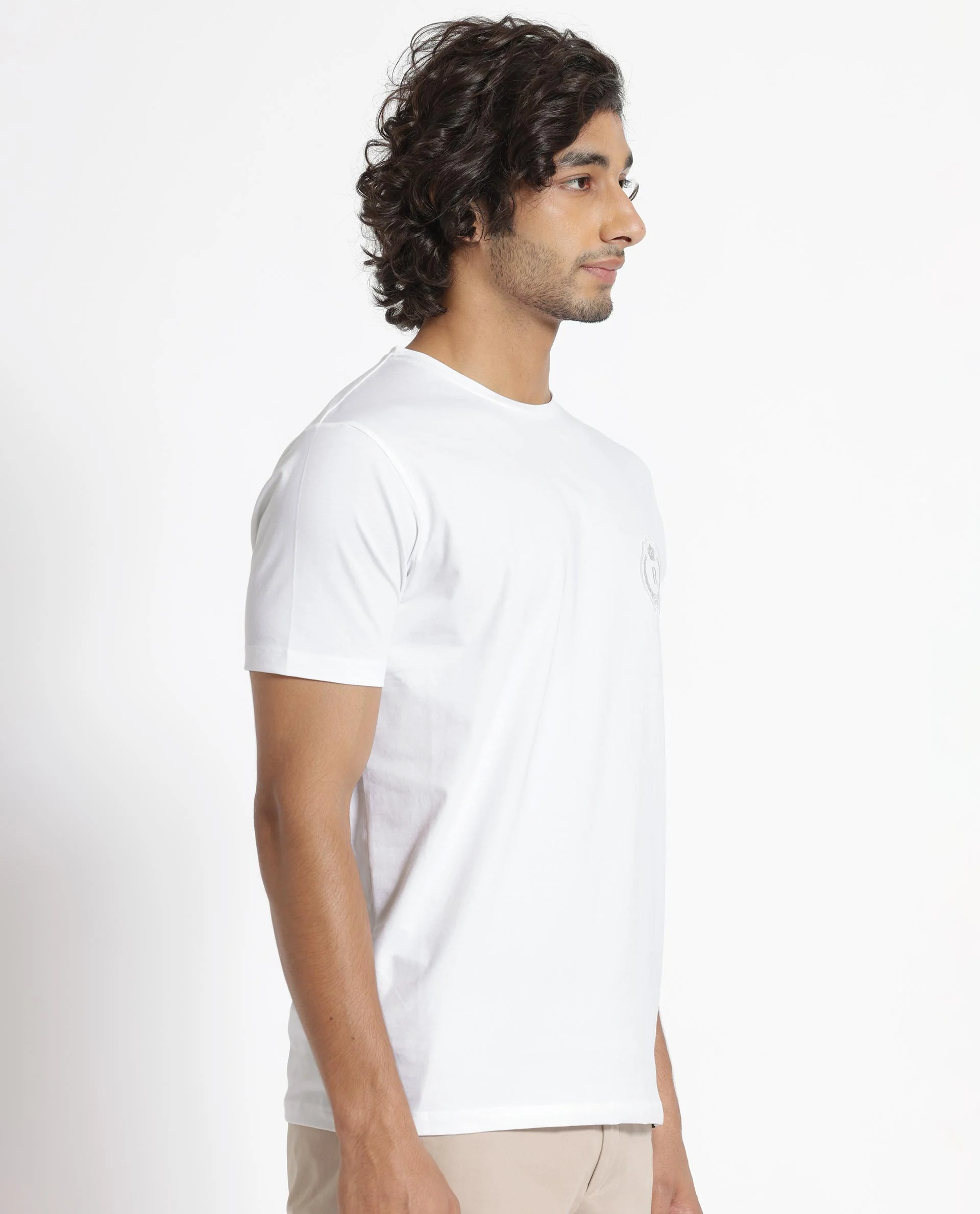 Rare Rabbit Men's Kos White Cotton Plain Slim Fit Half Sleeve Crew Neck T-Shirt - Image 9
