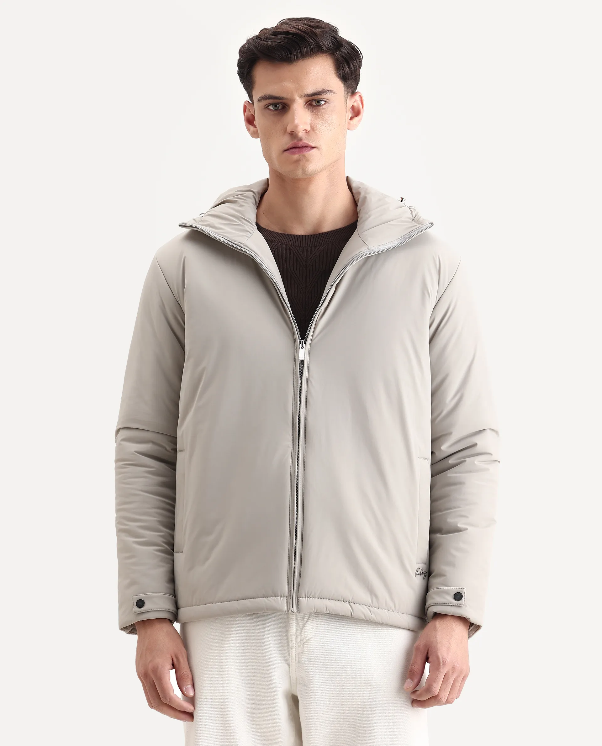 Rare Rabbit Men's Kost Light Grey Nylon Fabric High Neck Relaxed Plain Jacket - Image 4