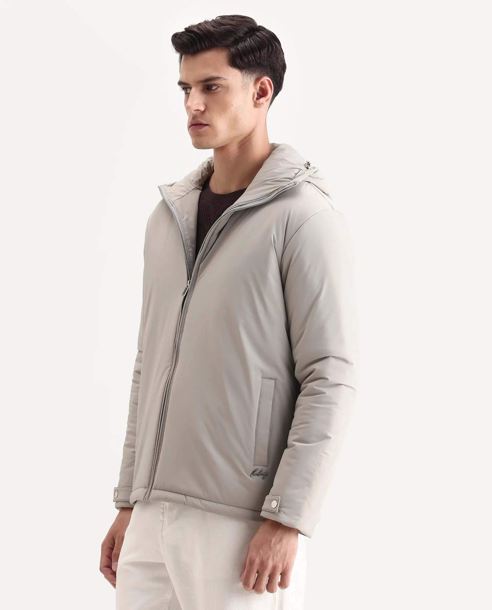 Rare Rabbit Men's Kost Light Grey Nylon Fabric High Neck Relaxed Plain Jacket - Image 5
