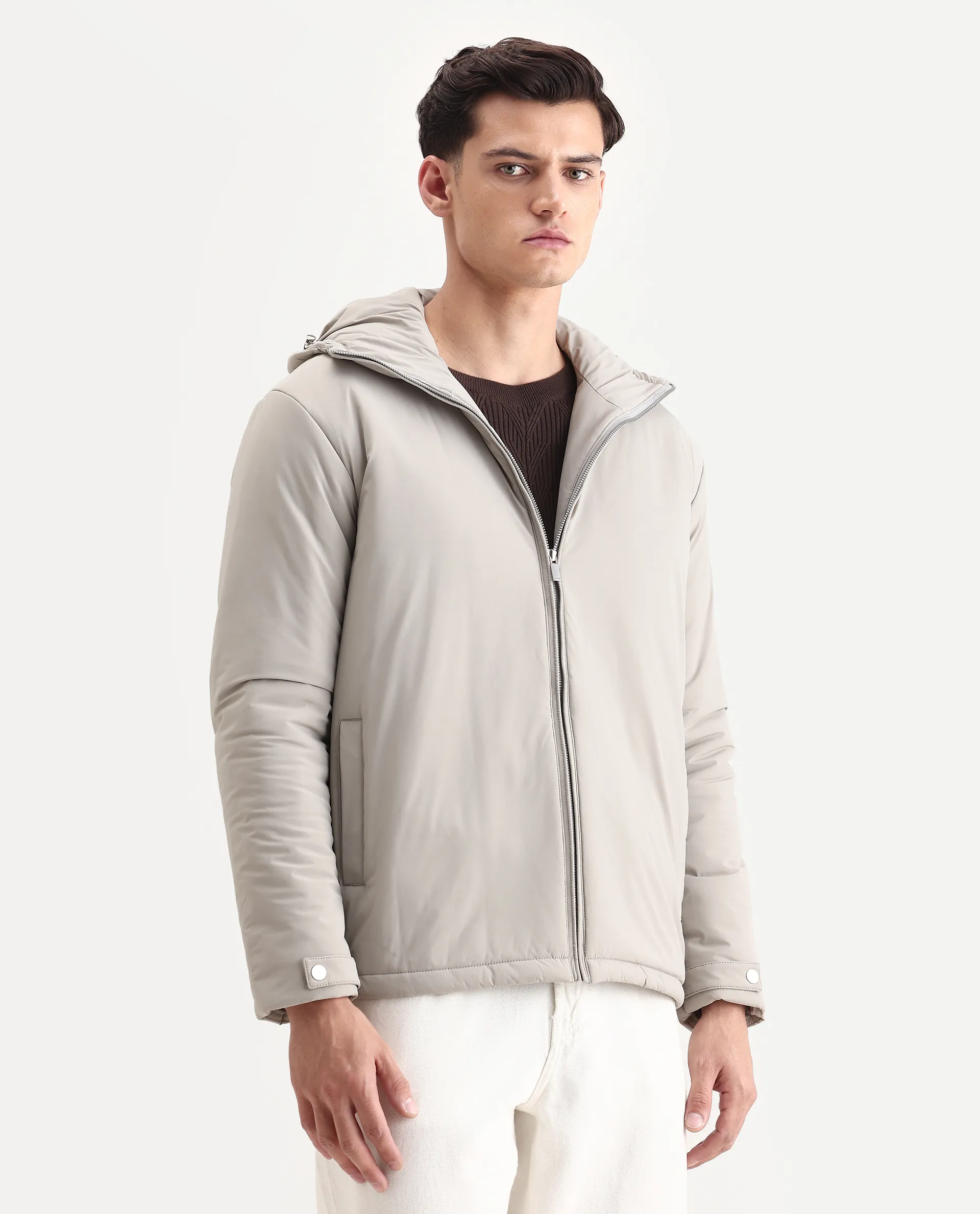 Rare Rabbit Men's Kost Light Grey Nylon Fabric High Neck Relaxed Plain Jacket - Image 6