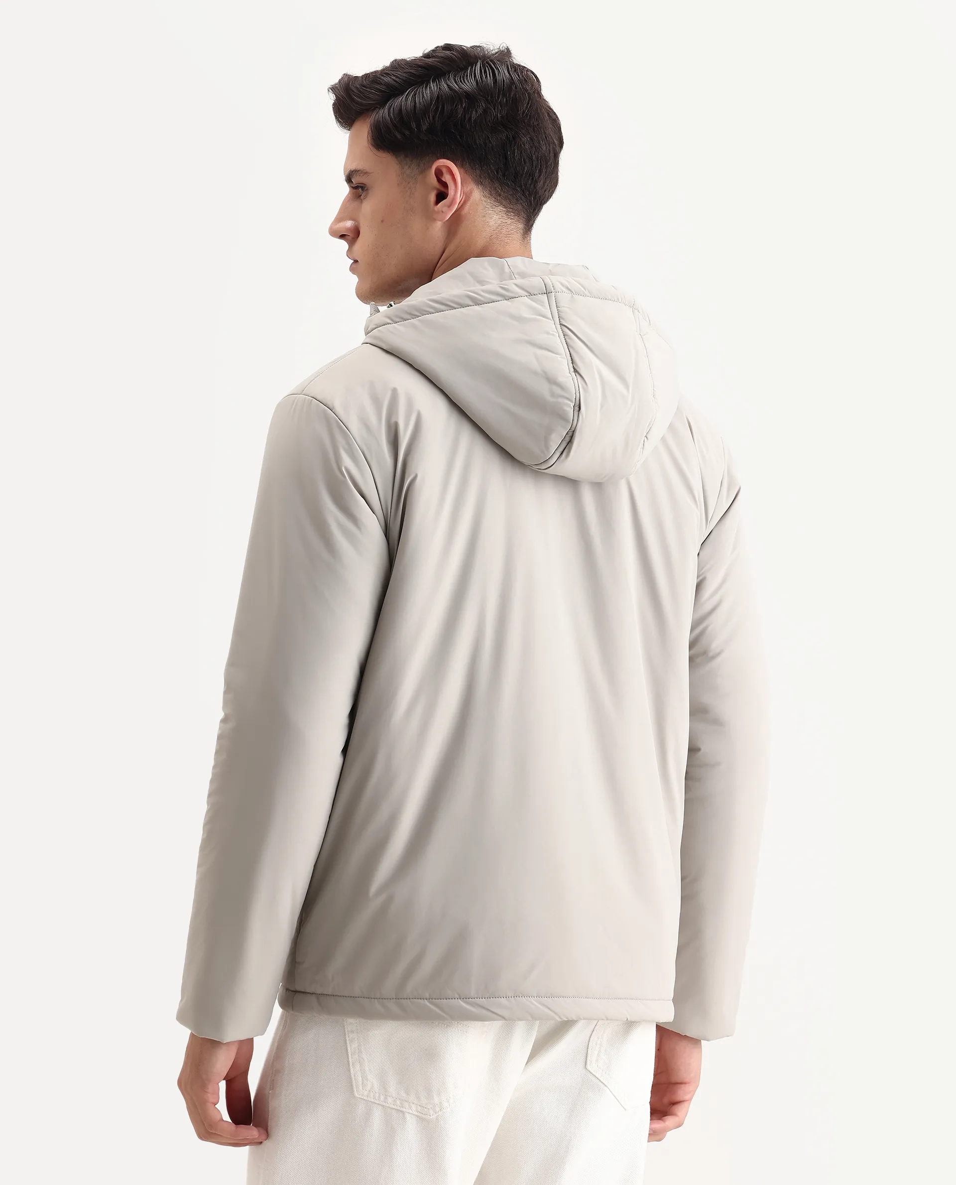 Rare Rabbit Men's Kost Light Grey Nylon Fabric High Neck Relaxed Plain Jacket - Image 7