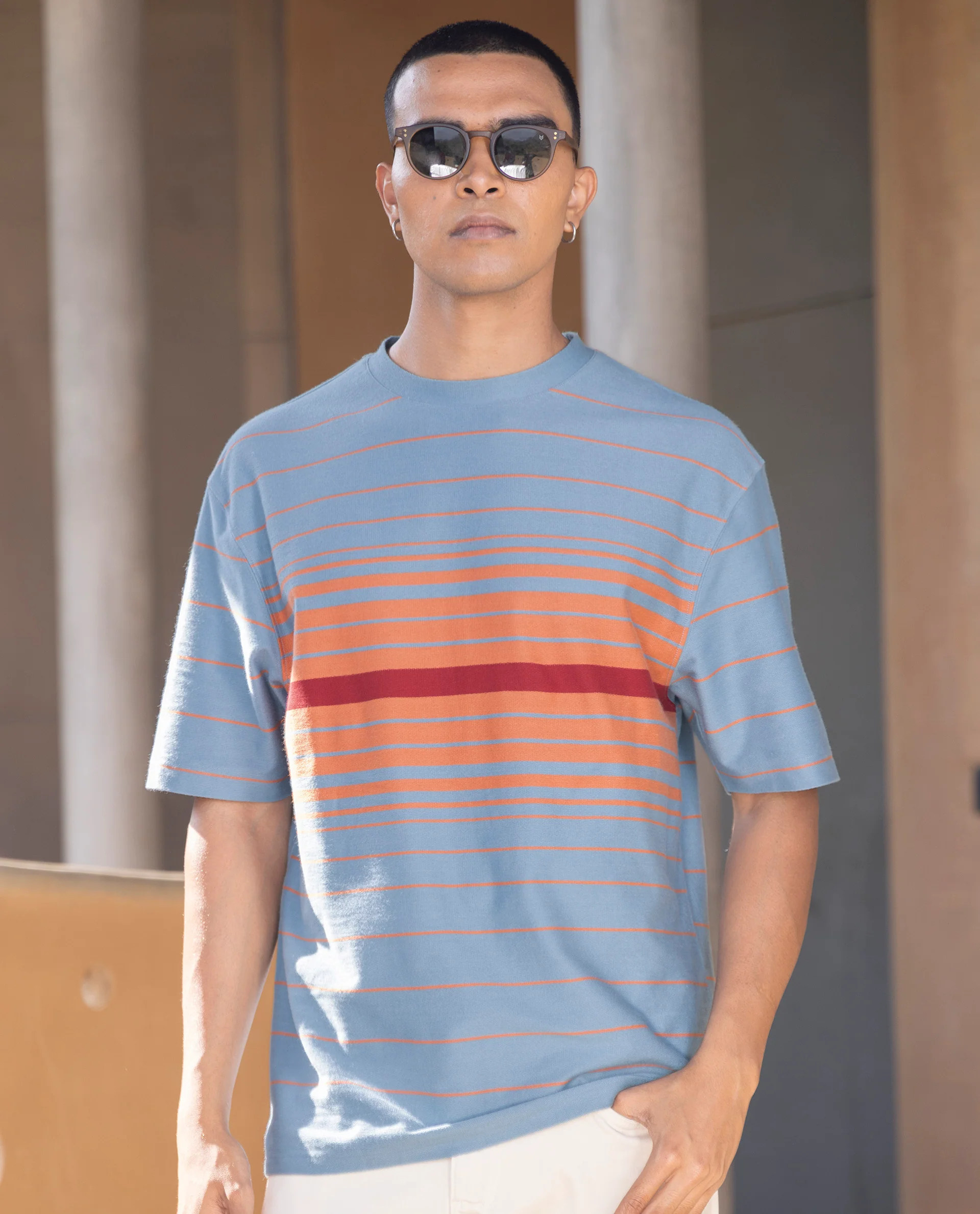 Rare Rabbit Men's Kot Dusky Blue Cotton Striped Print Oversized Fit Half Sleeve Crew Neck T-Shirt - Image 11