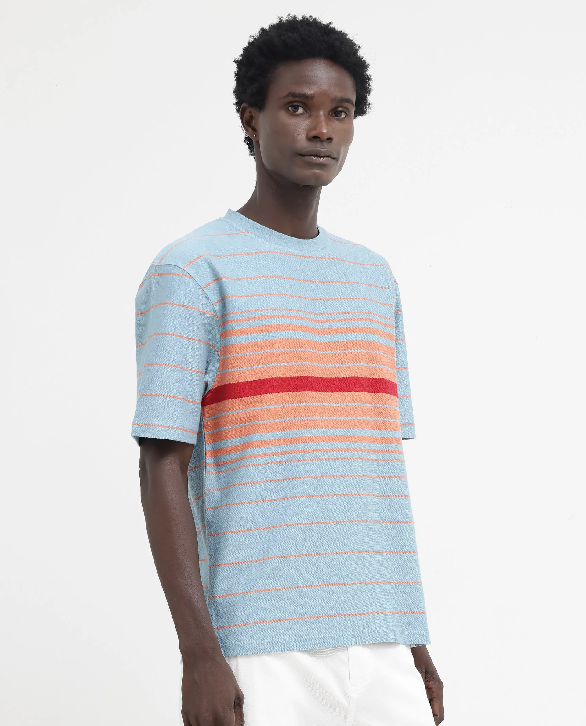Rare Rabbit Men's Kot Dusky Blue Cotton Striped Print Oversized Fit Half Sleeve Crew Neck T-Shirt - Image 12