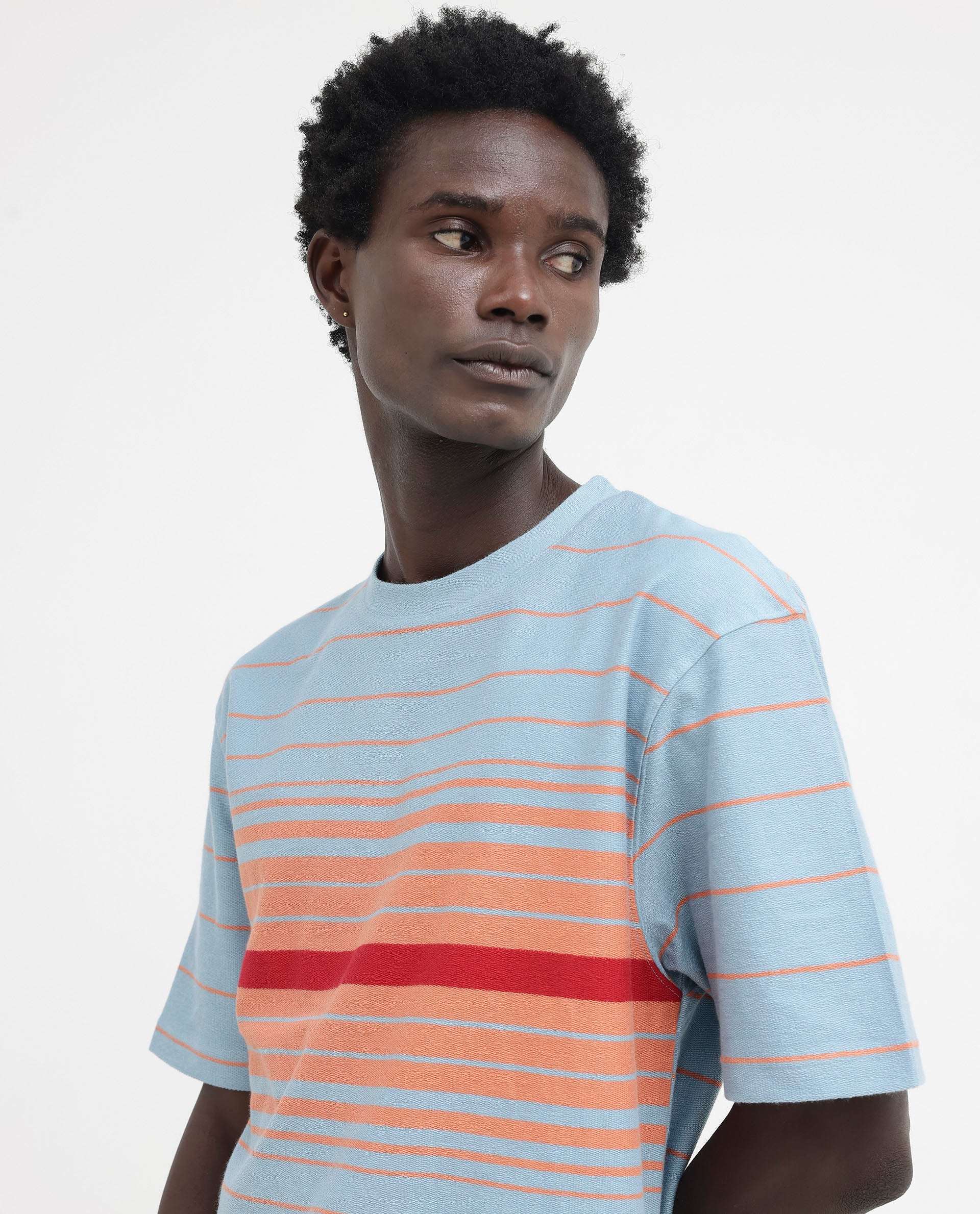 Rare Rabbit Men's Kot Dusky Blue Cotton Striped Print Oversized Fit Half Sleeve Crew Neck T-Shirt - Image 2