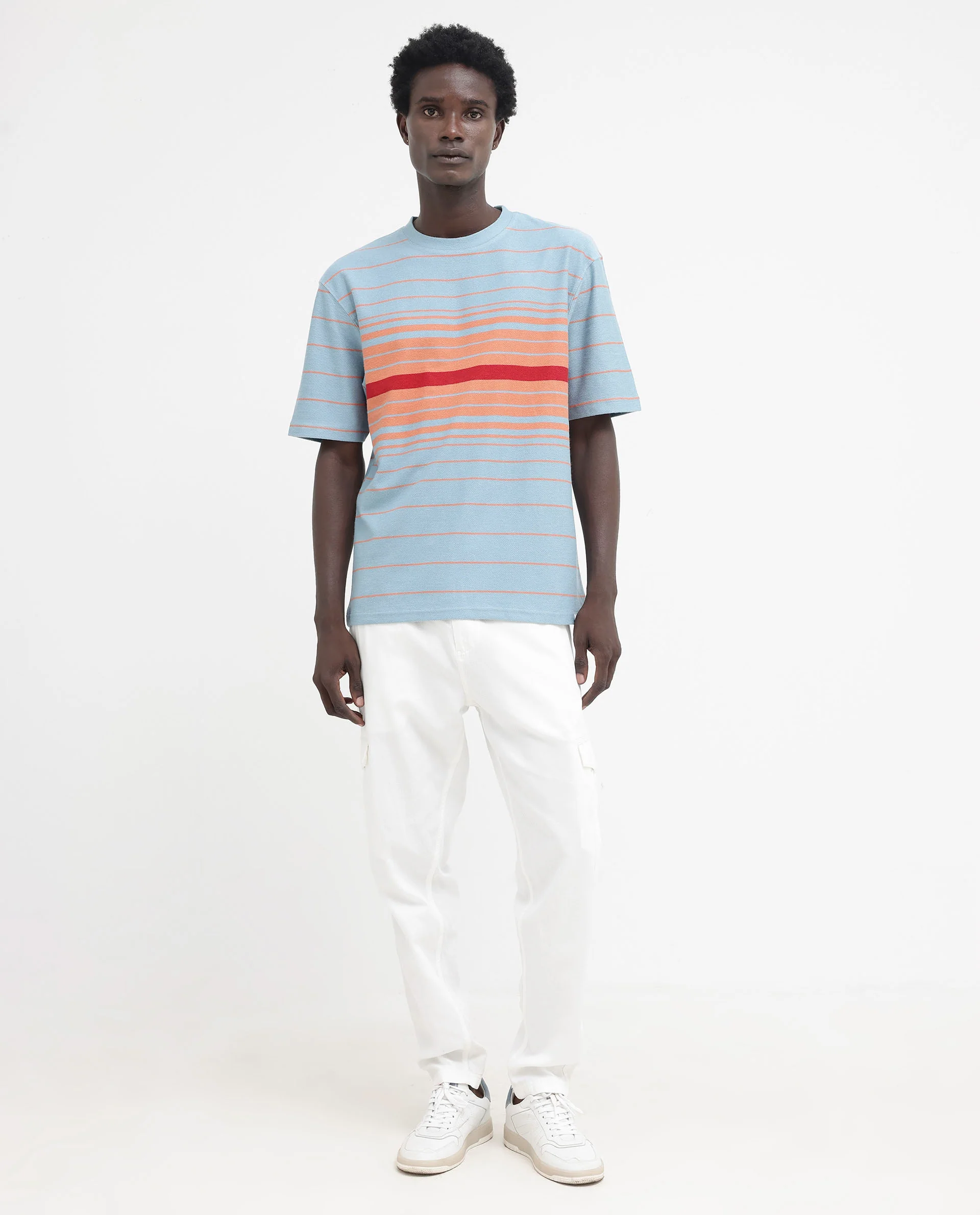 Rare Rabbit Men's Kot Dusky Blue Cotton Striped Print Oversized Fit Half Sleeve Crew Neck T-Shirt - Image 3