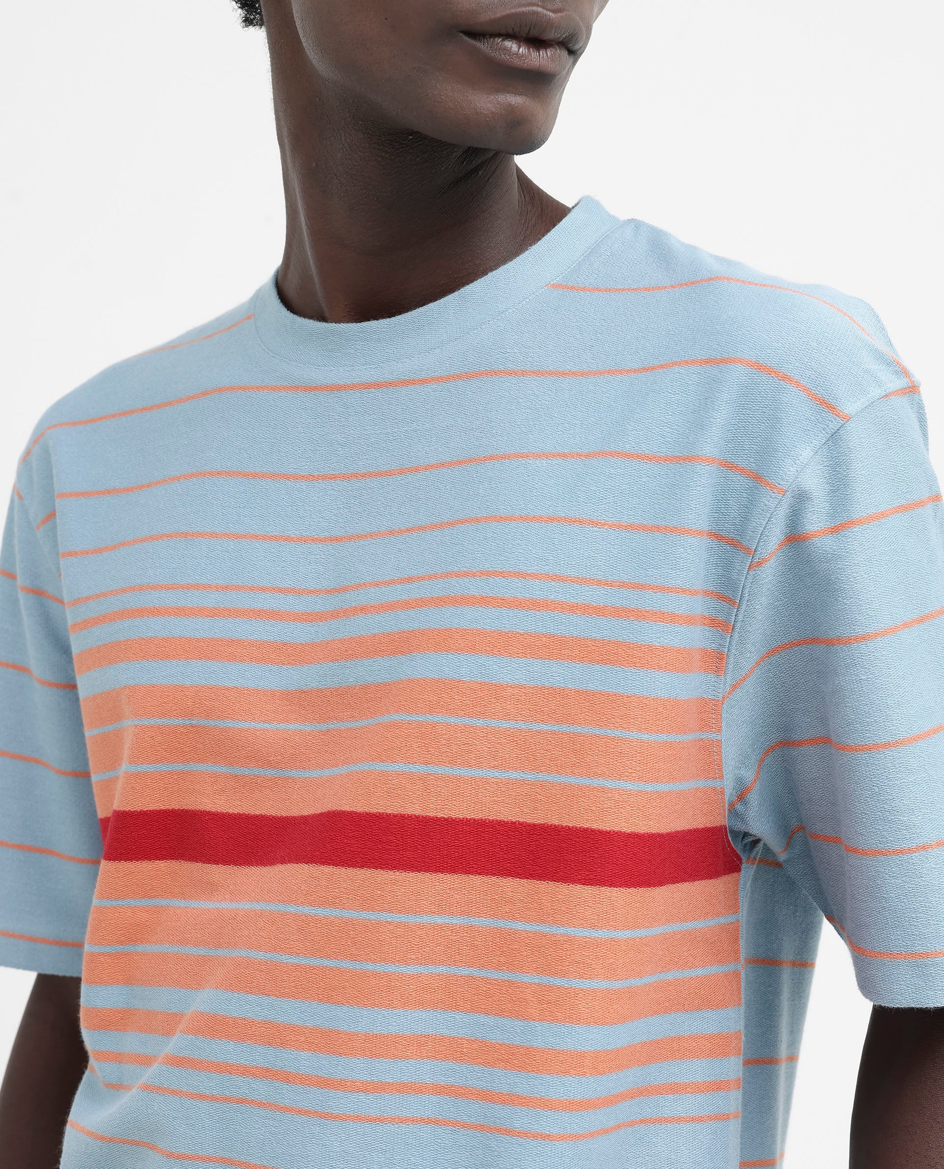 Rare Rabbit Men's Kot Dusky Blue Cotton Striped Print Oversized Fit Half Sleeve Crew Neck T-Shirt - Image 4