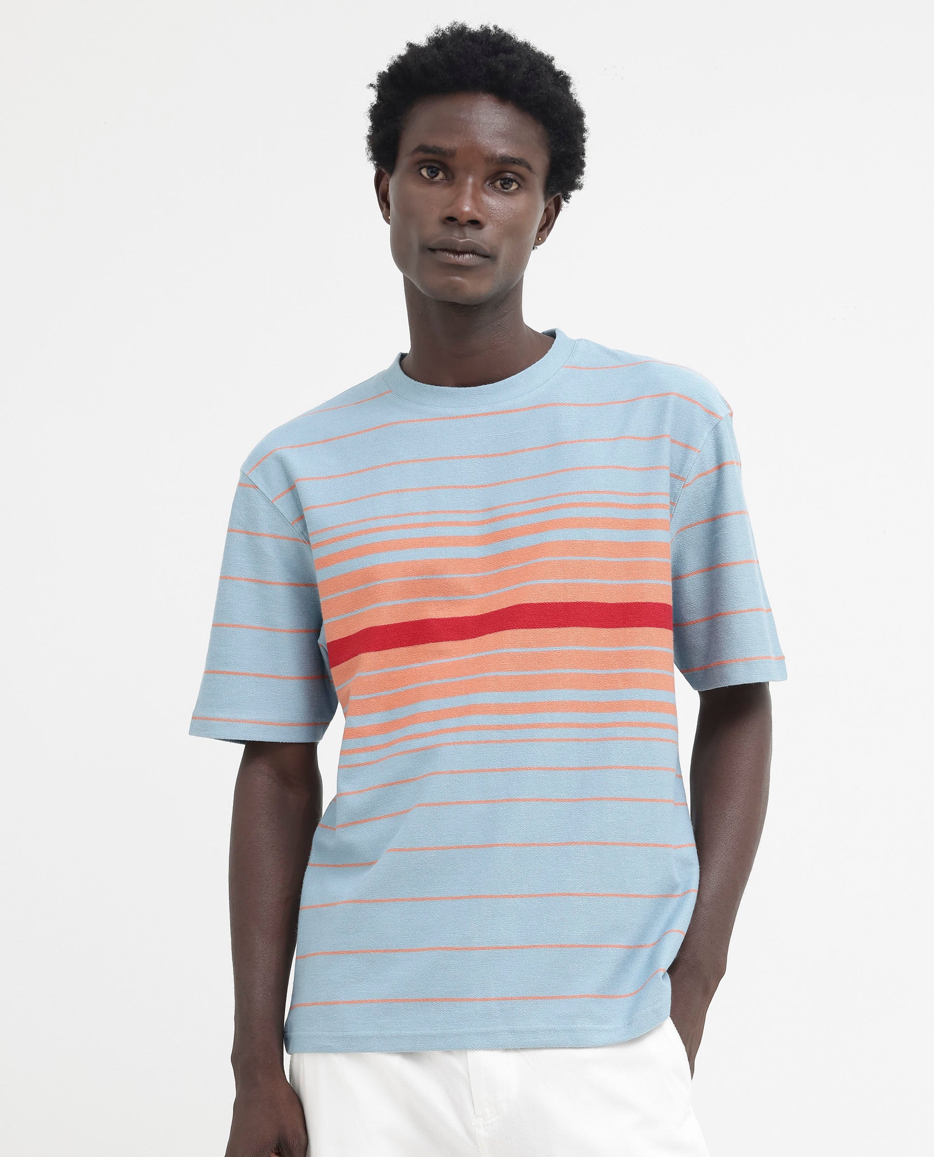 Rare Rabbit Men's Kot Dusky Blue Cotton Striped Print Oversized Fit Half Sleeve Crew Neck T-Shirt - Image 5