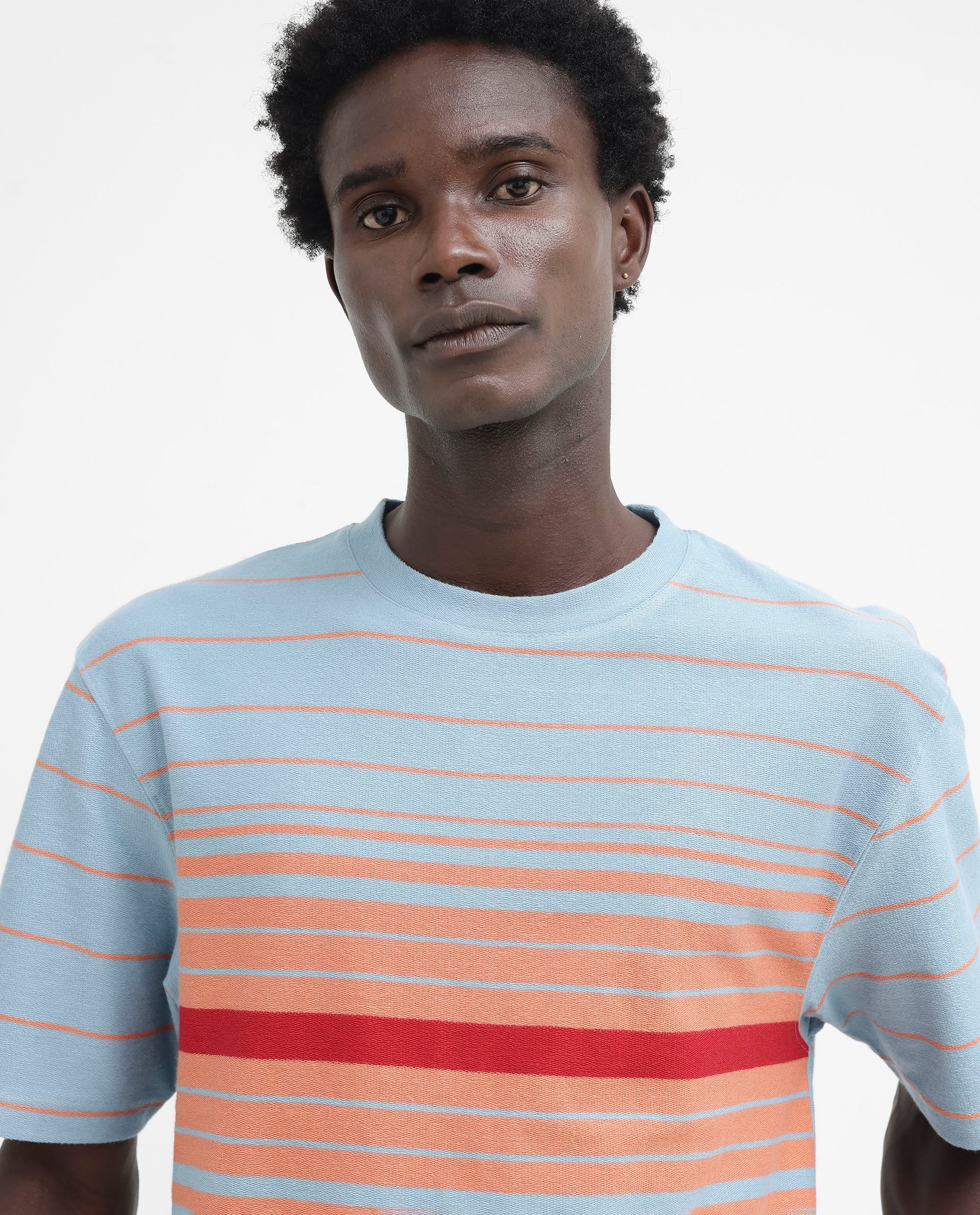 Rare Rabbit Men's Kot Dusky Blue Cotton Striped Print Oversized Fit Half Sleeve Crew Neck T-Shirt - Image 6