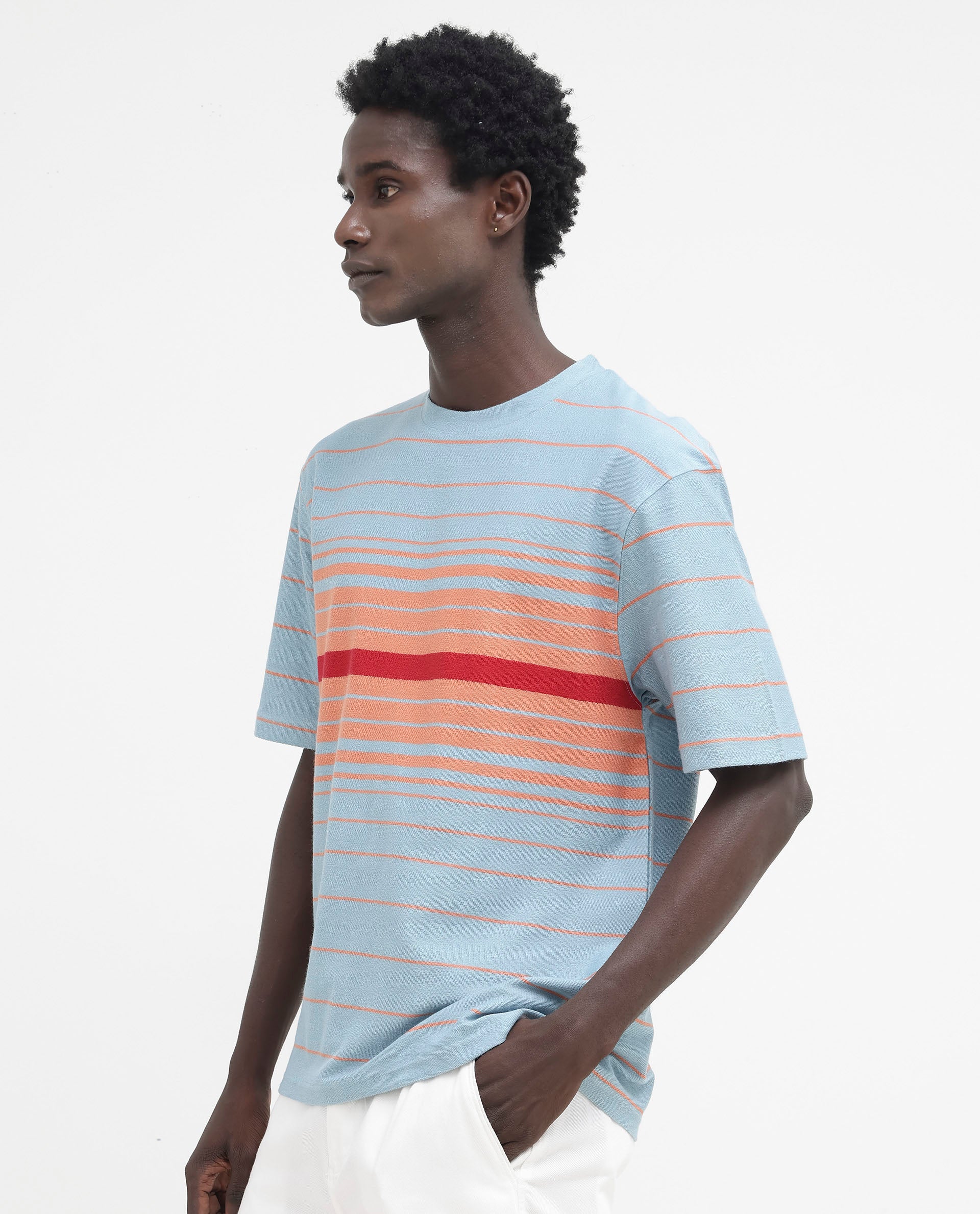 Rare Rabbit Men's Kot Dusky Blue Cotton Striped Print Oversized Fit Half Sleeve Crew Neck T-Shirt - Image 7
