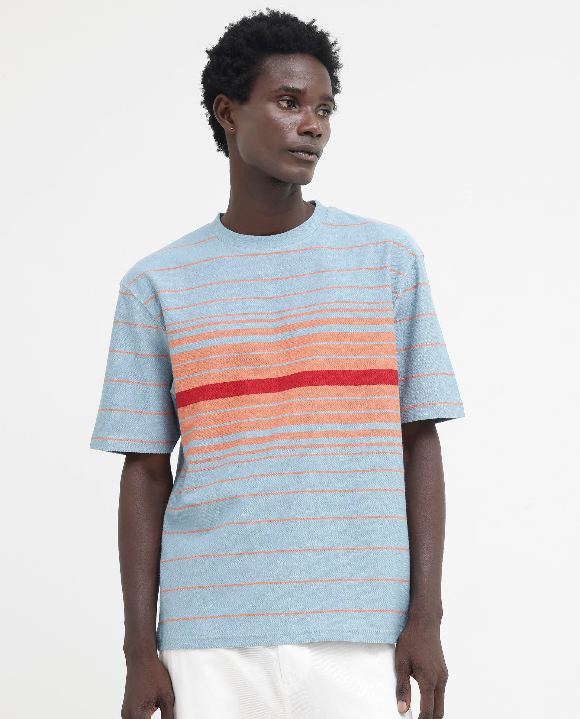 Rare Rabbit Men's Kot Dusky Blue Cotton Striped Print Oversized Fit Half Sleeve Crew Neck T-Shirt - Image 8