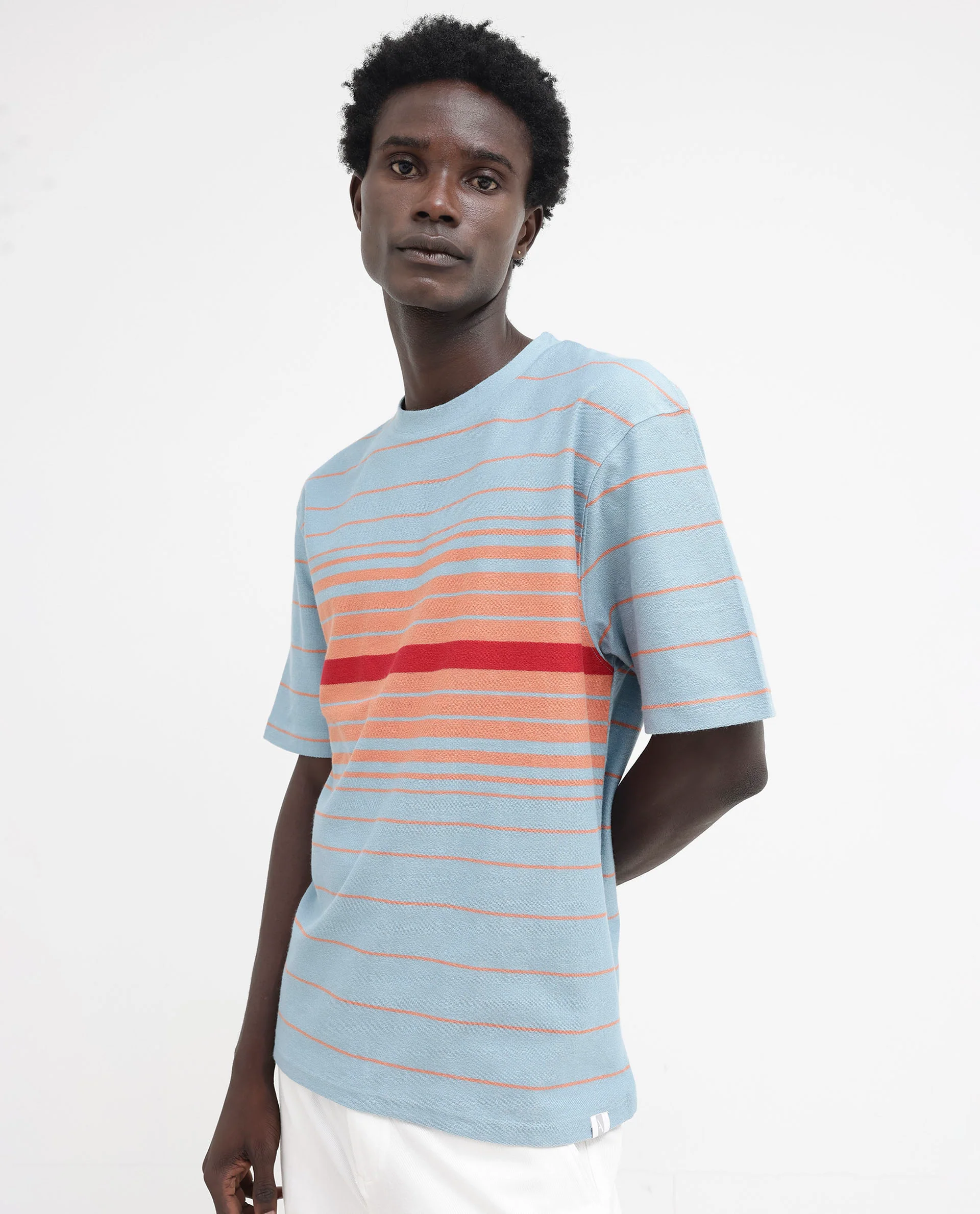 Rare Rabbit Men's Kot Dusky Blue Cotton Striped Print Oversized Fit Half Sleeve Crew Neck T-Shirt - Image 9