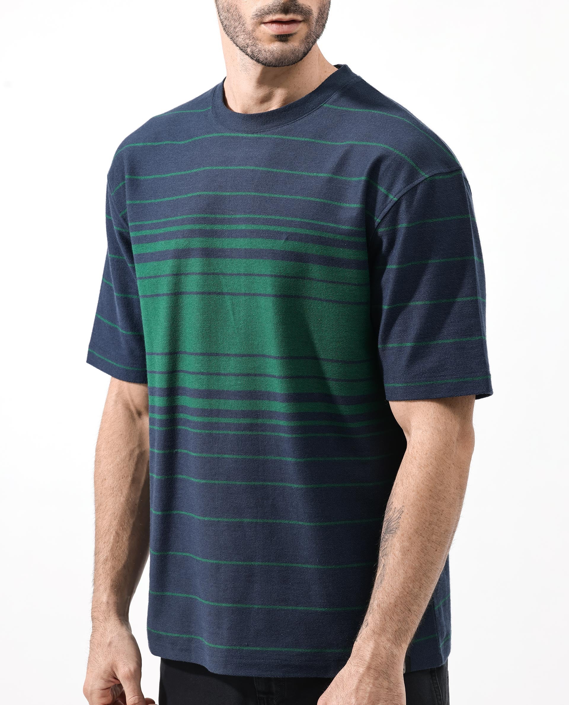 Rare Rabbit Men's Kot Navy Cotton Striped Print Oversized Fit Half Sleeve Crew Neck T-Shirt - Image 10