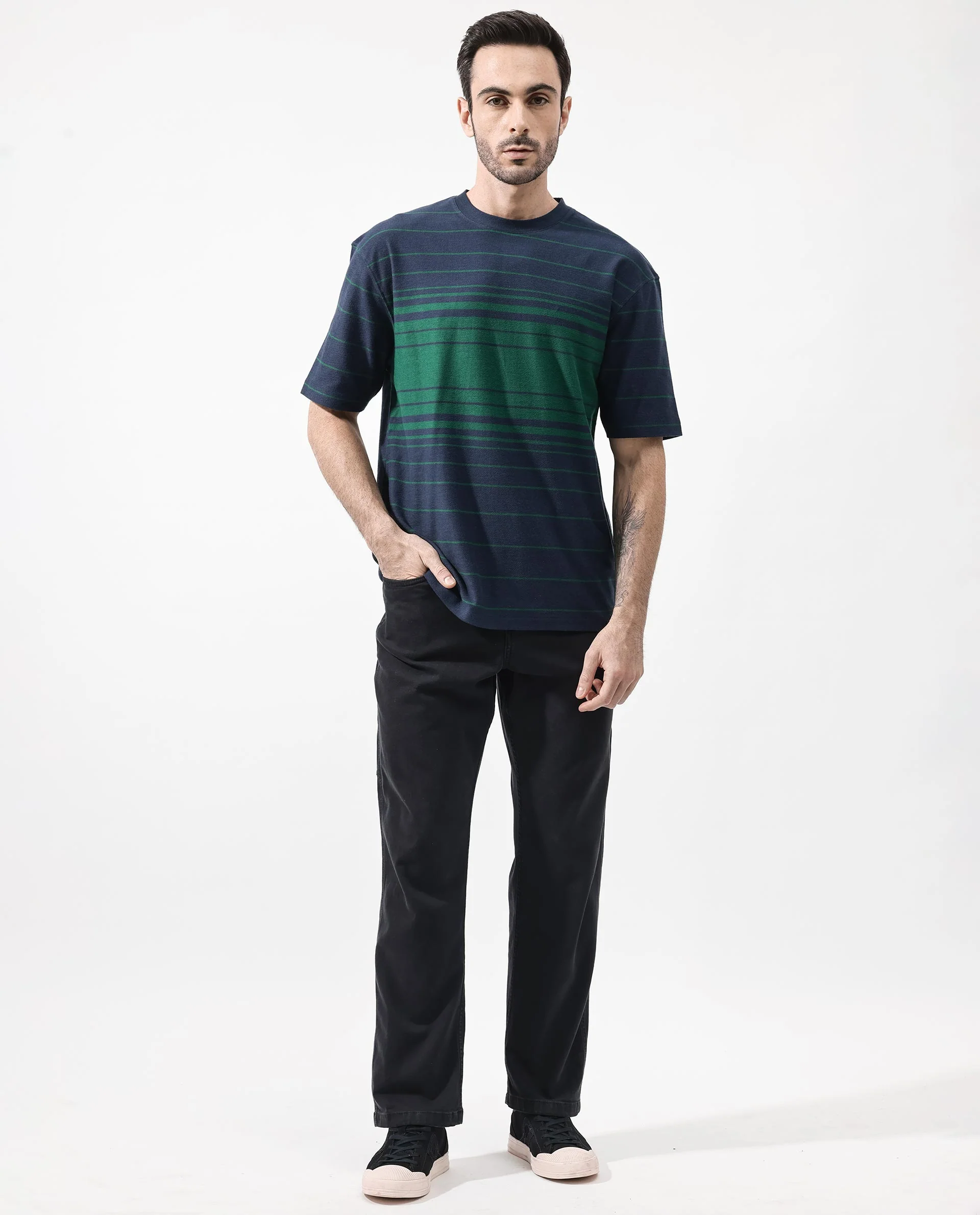 Rare Rabbit Men's Kot Navy Cotton Striped Print Oversized Fit Half Sleeve Crew Neck T-Shirt - Image 2