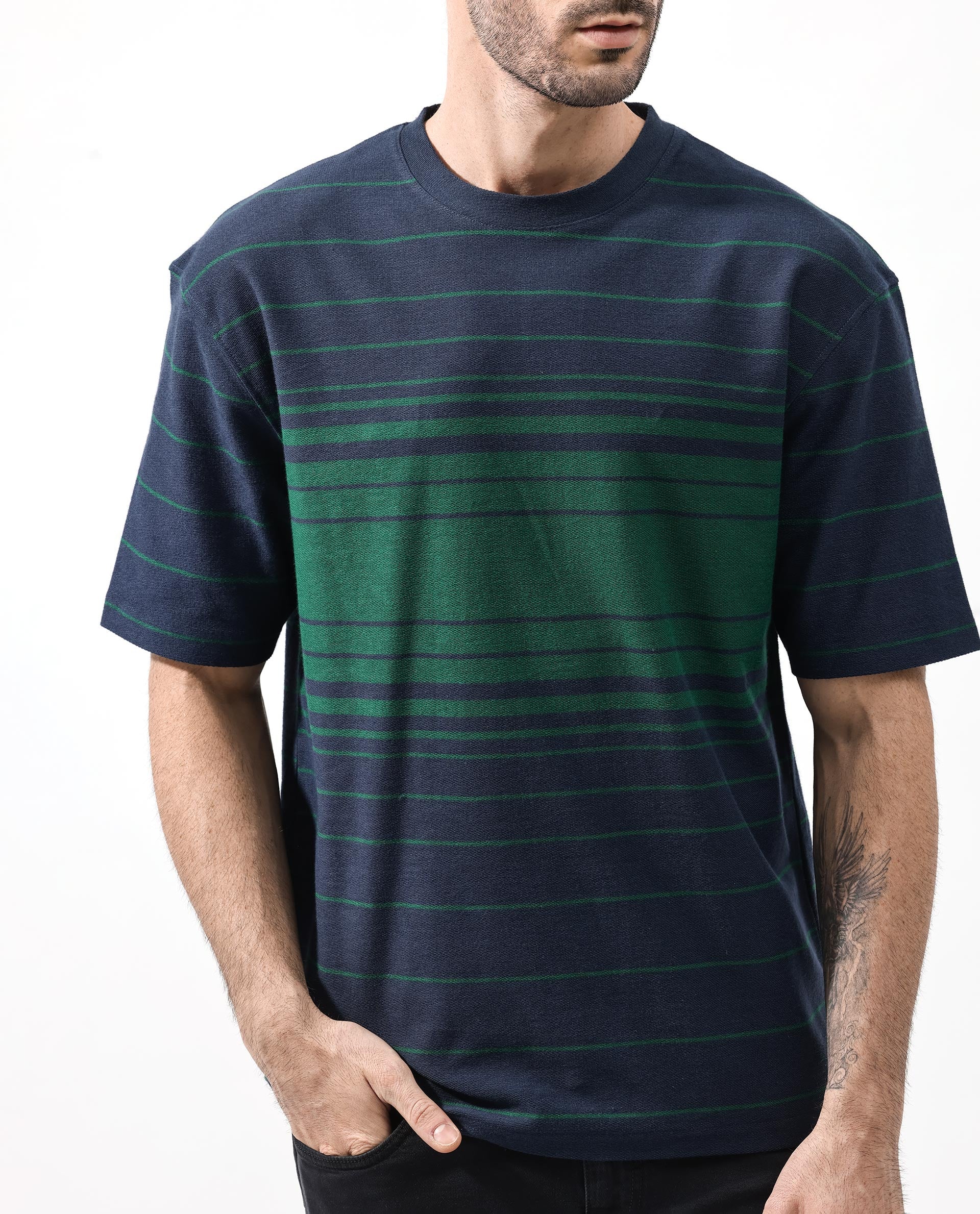 Rare Rabbit Men's Kot Navy Cotton Striped Print Oversized Fit Half Sleeve Crew Neck T-Shirt - Image 3